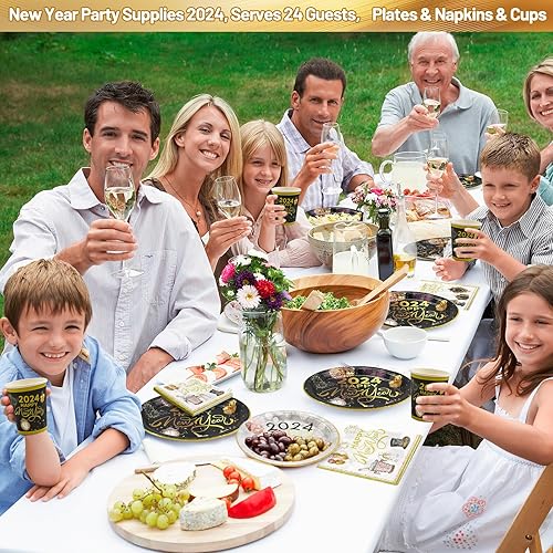 Miniatura 4 de Suministros para fiestas de Año Nuevo 2024, platos de papel desechables, servilletas, vasos, decoraciones de vajilla de oro negro para 24 invitados