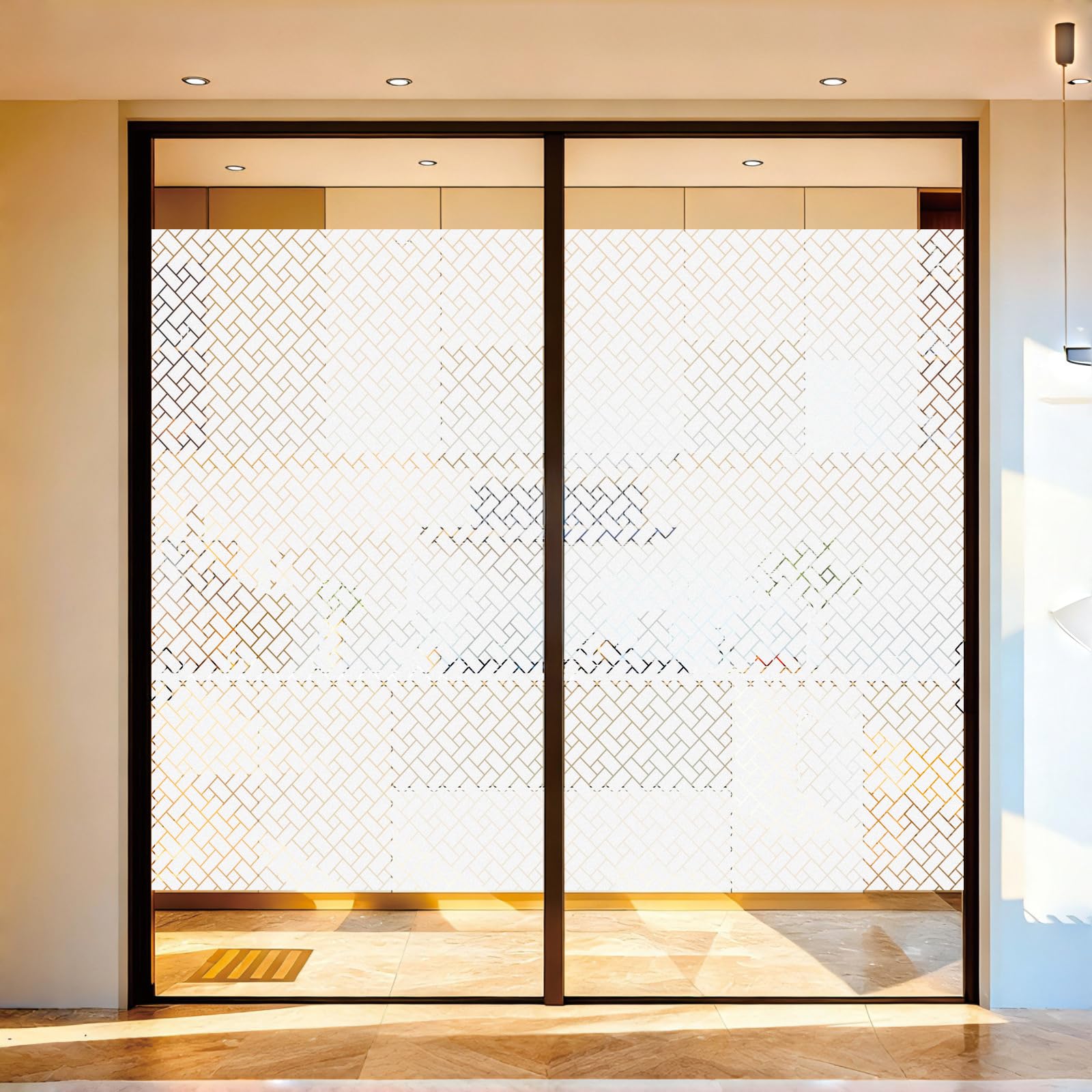 Privacy Window Film 85 x 115 cm Non-Adhesive Static Cling Removable Vinyl Heat Cotrol, Privacy Protection, Anti UV Frosted Window Film for Kitchen, Oblique Grid