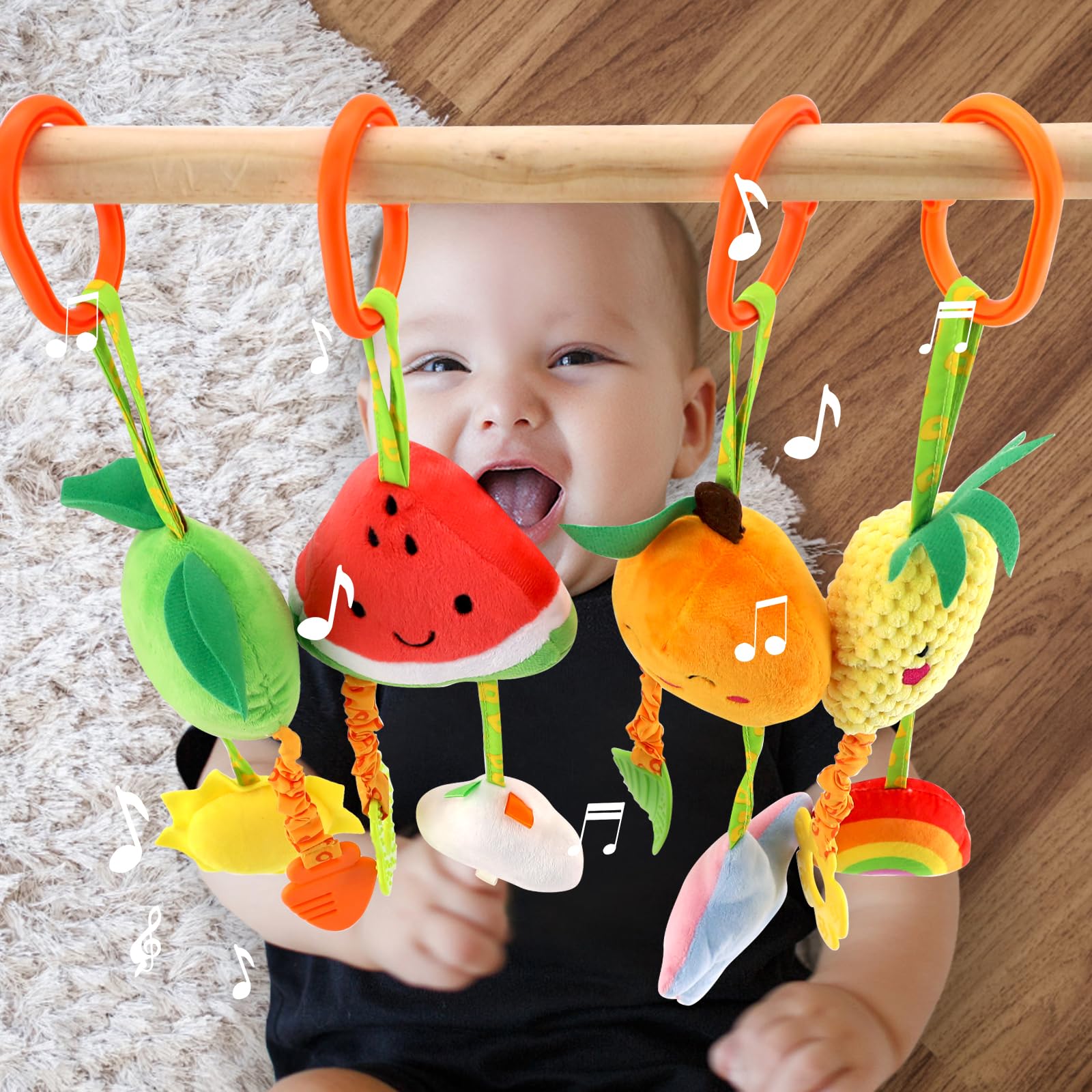 KAKIBLIN Baby-Spielzeug zum Aufhängen, 4 Stück, für Autositz, Buggy, weiches Quietschspielzeug für Babys, Neugeborene, Auto, Bett, Krippe, Reisen, Aktivität, Früchte-A