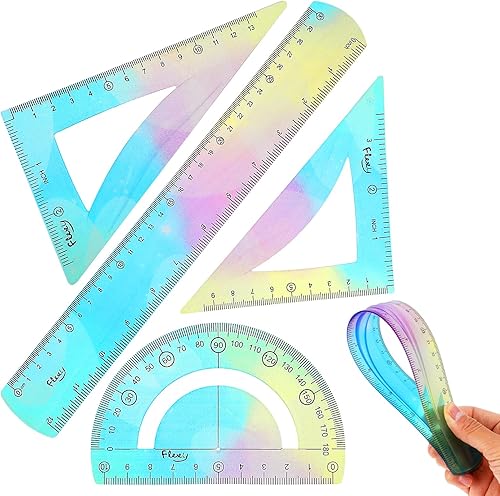 Grevosea El juego de reglas flexibles de 4 piezas incluye regla recta de 12 pulgadas y una herramienta de geometría matemática transportadora, regla
