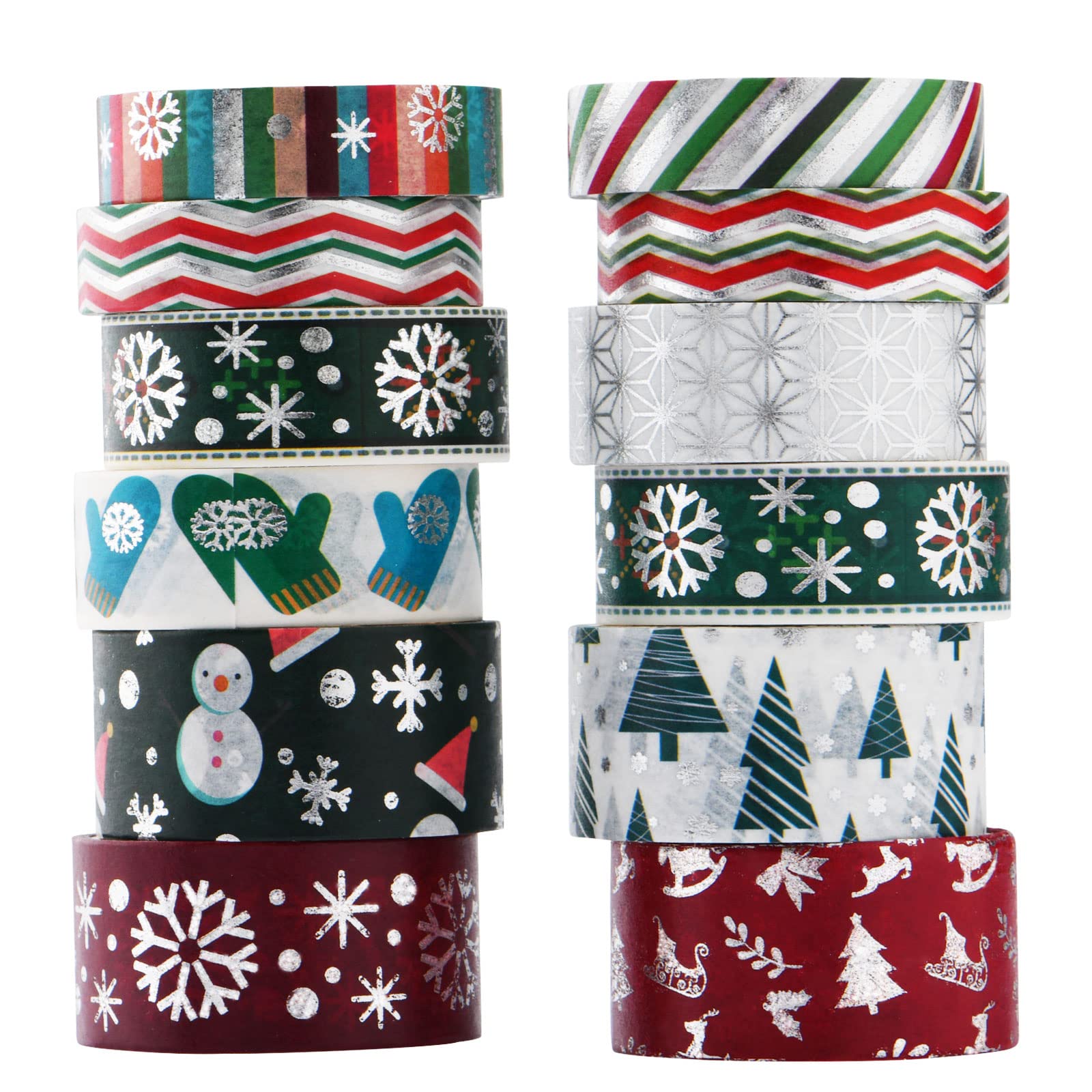 Christmas Holiday Washi Tape Set Xmas Winter Foil Washi Masking Tape Bullet Journal Kids Chirstmas Craft Supplies with Snowflake Tree Deer Striped, Perfect for Christmas Card Gift Wrapping 12 Rolls