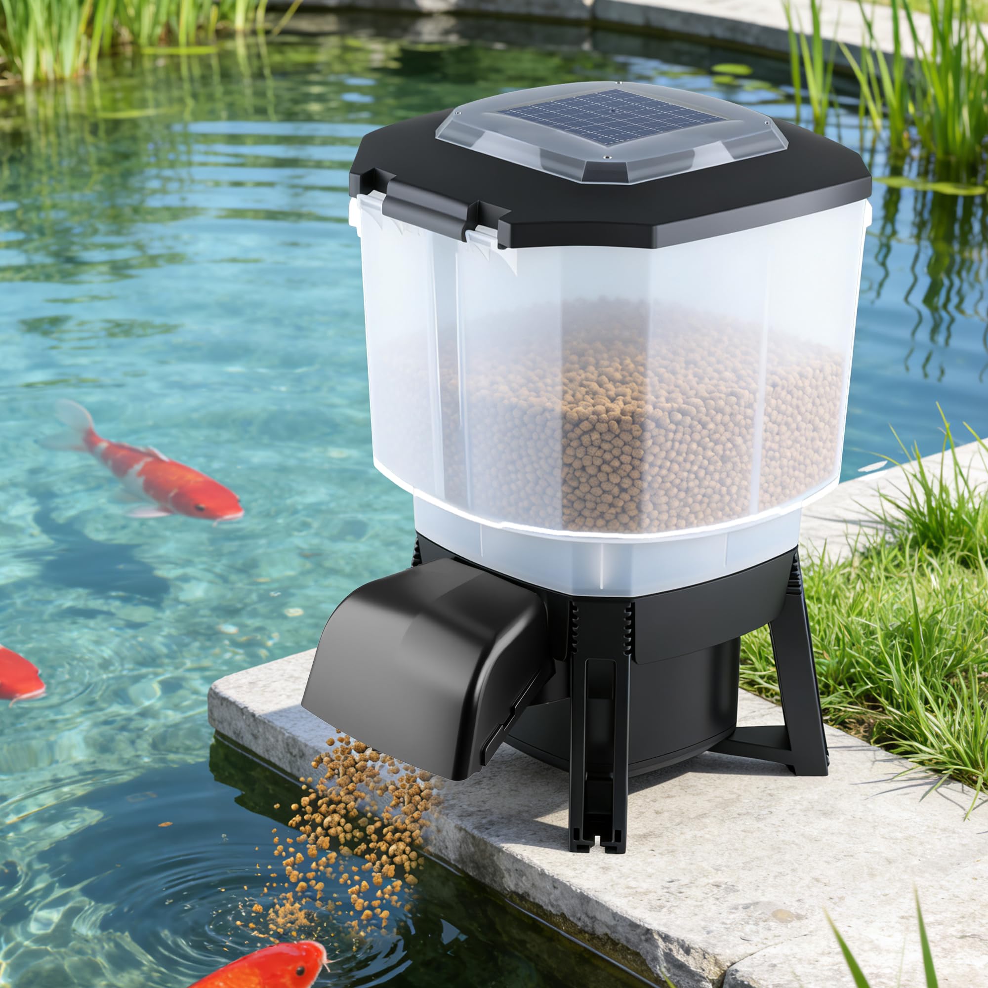 Solar Automatic Fish Feeder for Pond, Large Capacity 23L, Auto Outdoor Koi Fish Feeder, Programmable Auto Timer, Automatic Dispenser for Vacation, Big Tank, Battery & AC Electric Power