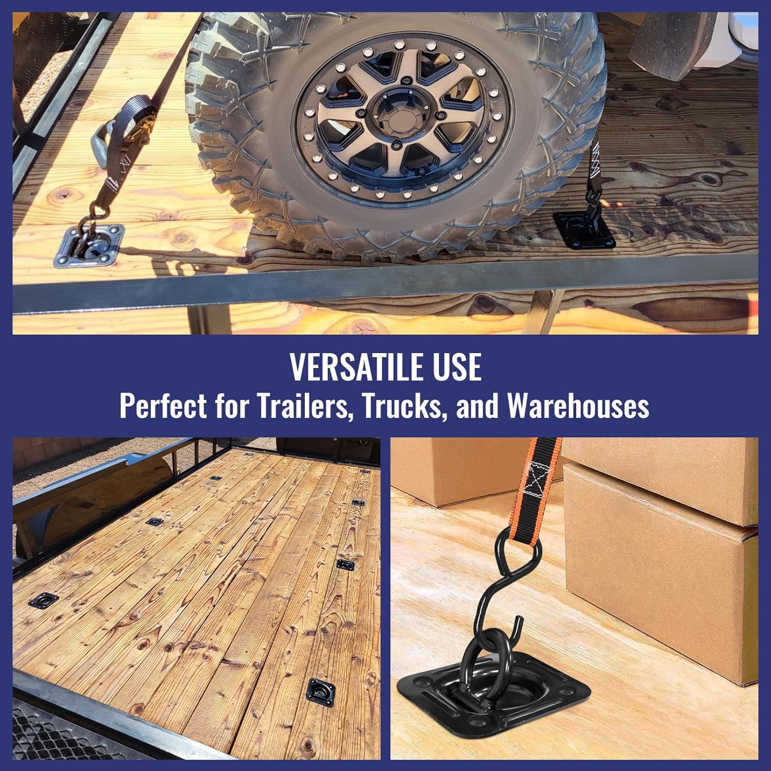 Recessed D-Ring Tie Down Anchors, 6,000 lb Capacity Heavy Duty Tie Down Anchors Kit for Trailer or Deliveries, 4 Pack, Black