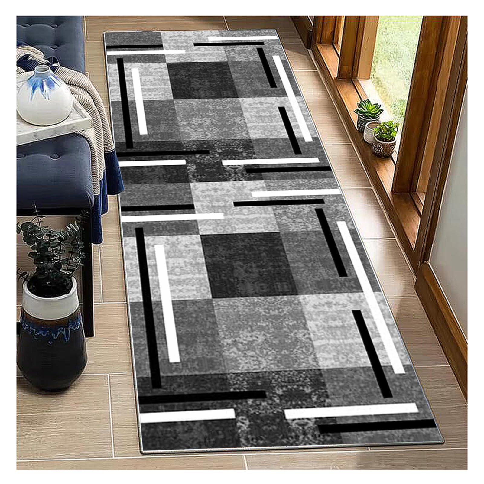 Nowoczesny geometryczny dywanik 120 x 150 cm antypoślizgowy czerwony/szary stylowy patchworkowy design idealny do kuchni, przedpokoju, salonu, biura i wejścia - dywan na płytki / podłogi drewniane