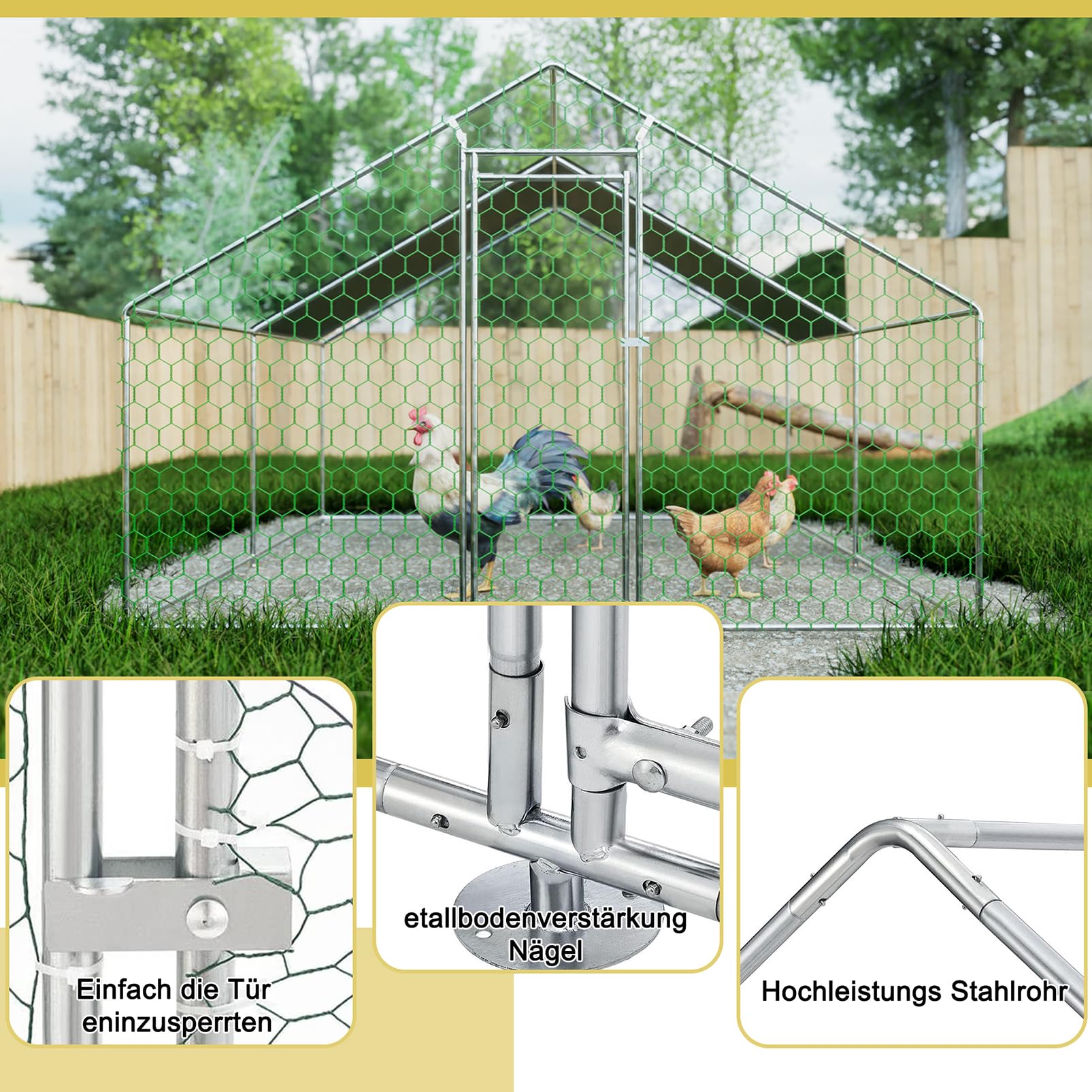 Pollaio da Esterno con Telaio Zincato e Rete Esagonale, 3x4x2m Pollaio Ovaiole per Galline da Esterno con Copertura in Tessuto Impermeabile per 6-12 Polli, Anatre e Conigli
