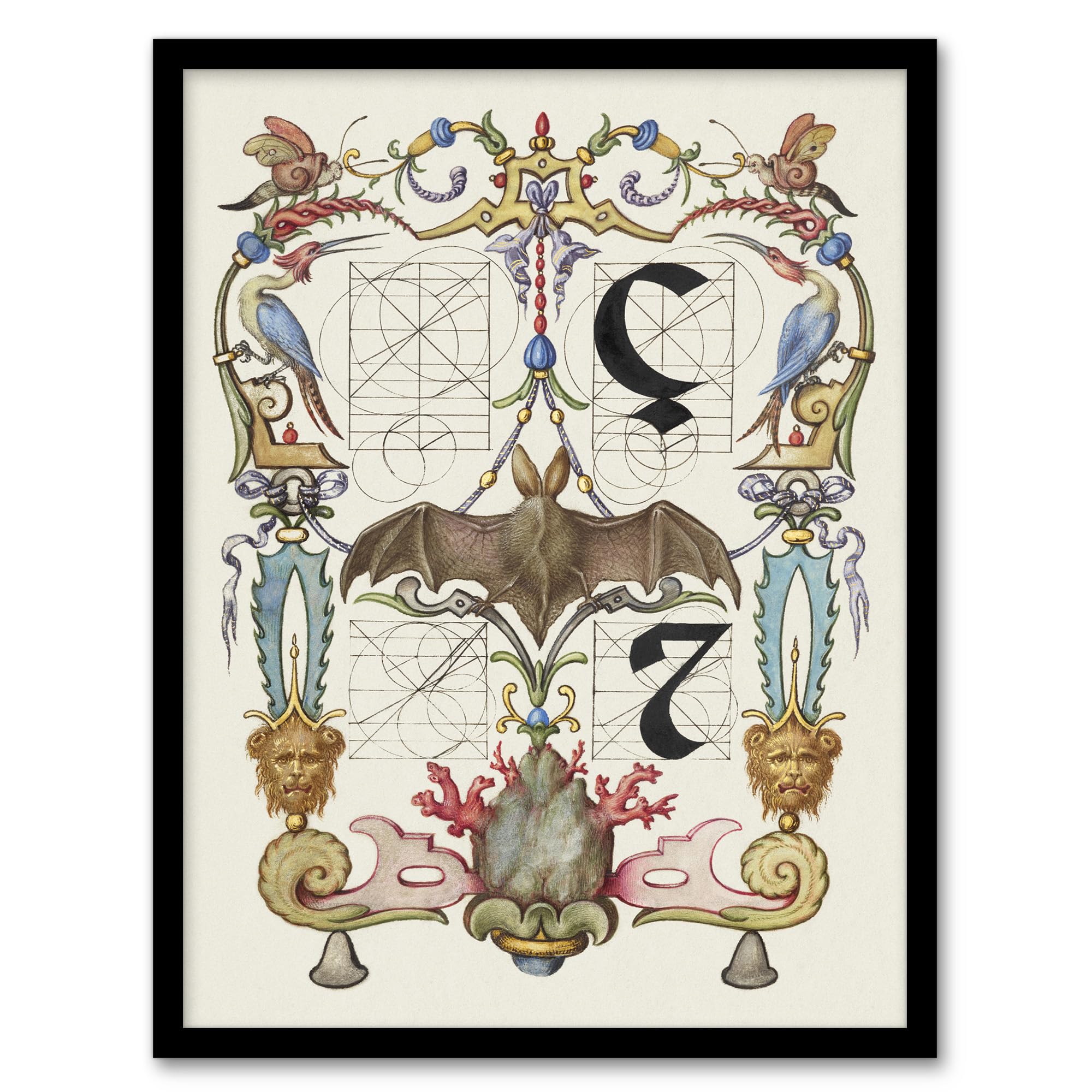 Artery8 Framed Wall Art Print - Calligraphy Bat - White - A4