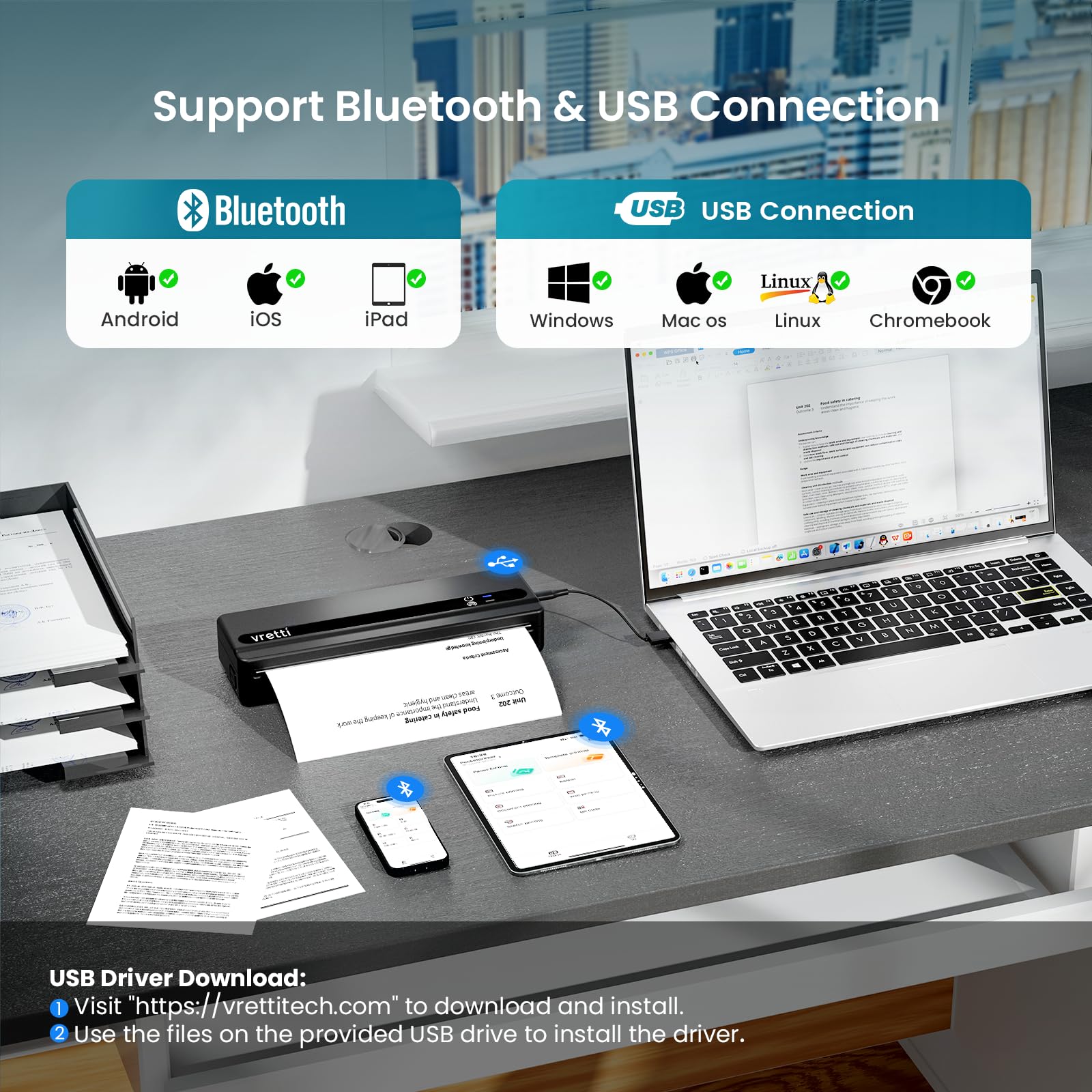 vretti Stampante portatile A4, stampante termica PB821 Stampante Inkless, stampante termica portatile Compatibile con Smartphone e PC,Supporta carta termica A4 (210 x 297 mm)