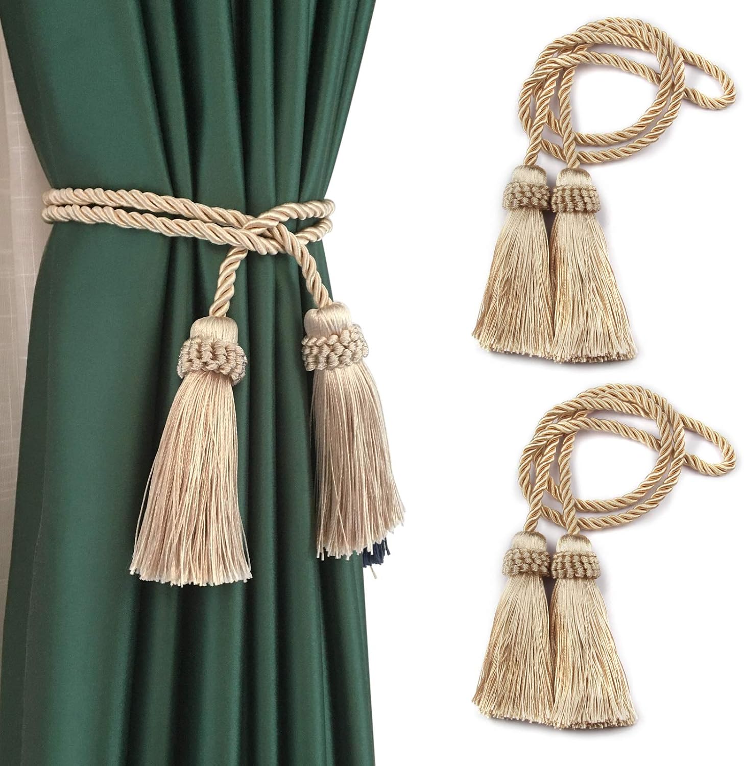 Fenghuangwu Curtain Tiebacks Handmade Decorative Curtain Holdbacks Rope with Tassel (Beige, 2P)