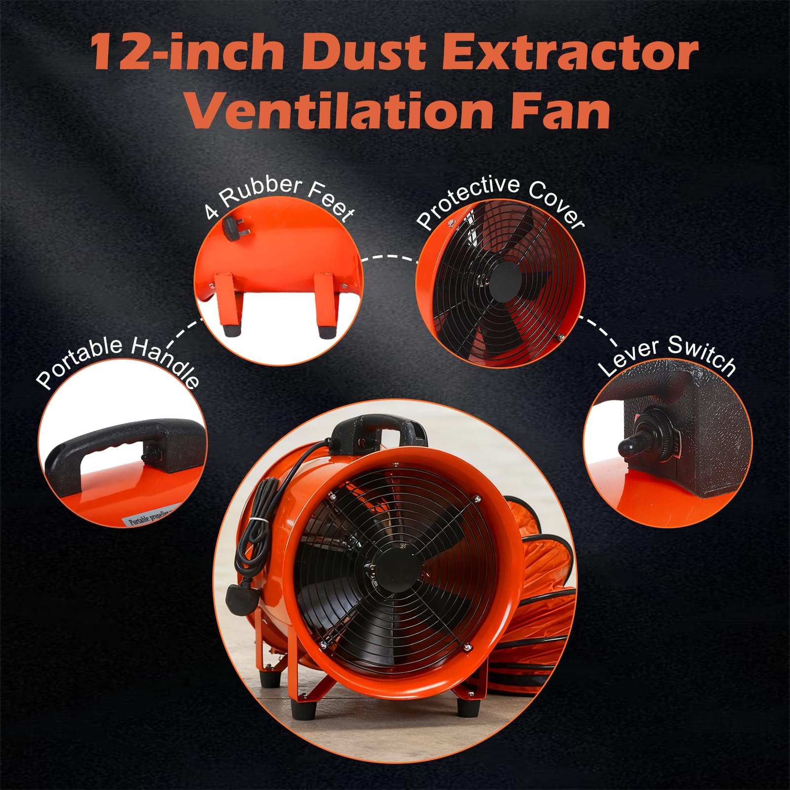 12 Zoll Kanalventilator 520 W, Schlauch, Werkstatt und Rauchabsauggerät, 30 cm Staubabsaugung mit 5 m Schlauch, für Werkstätten, Schweißkabinen, Fabriken und Badezimmer