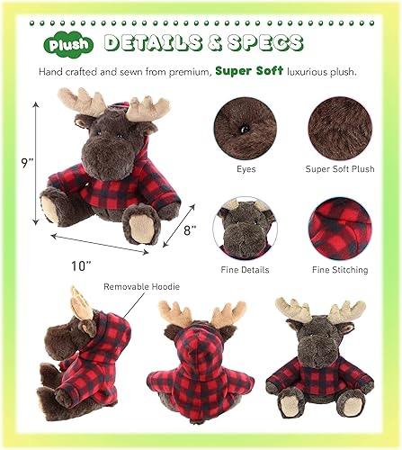 Miniatura 3 de DolliBu Peluche de alce súper suave con capucha roja a cuadros, lindo juguete de peluche de leñador de alce con chaqueta a cuadros, sudadera con