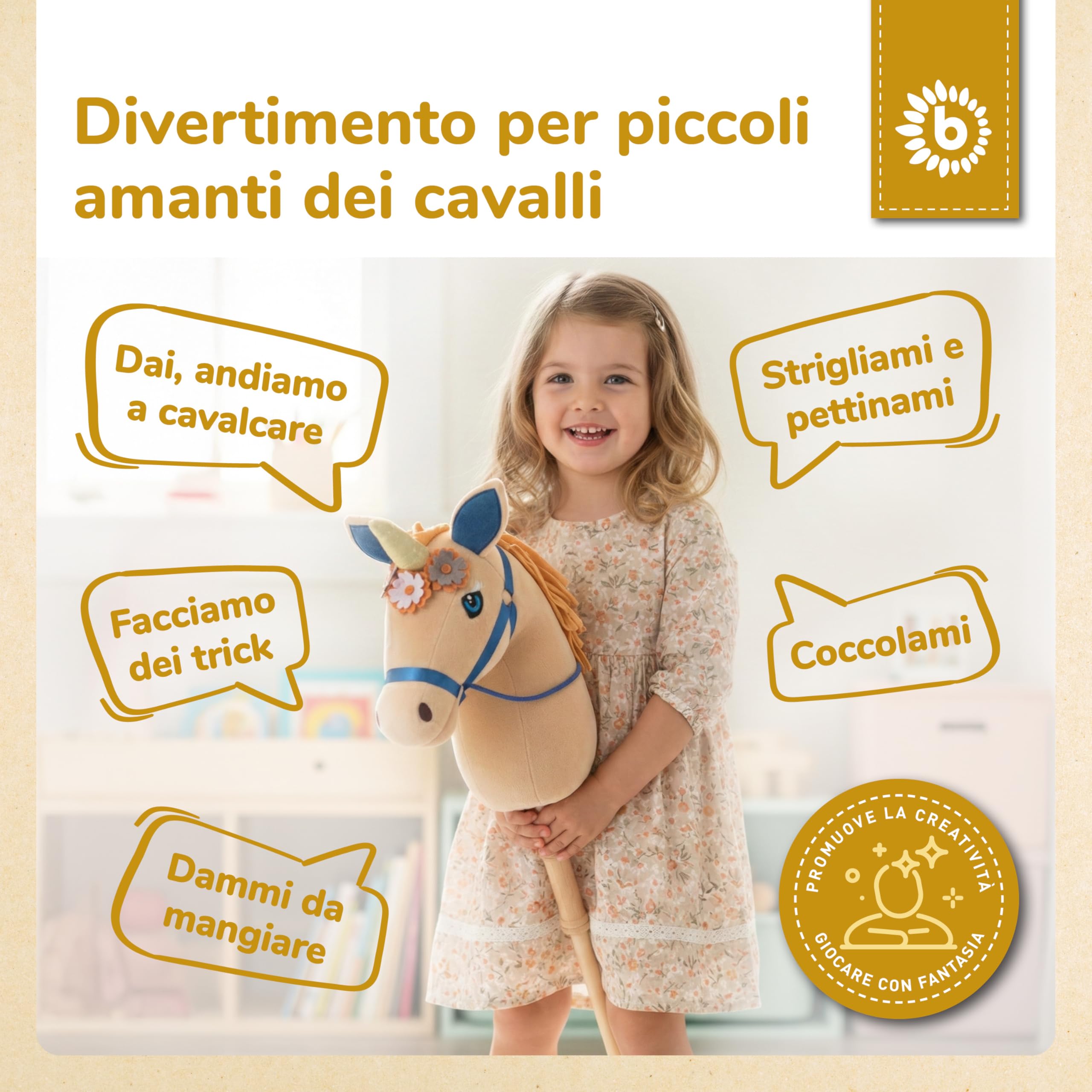 Bieco Cavallo a Spina Unicorno Magic | Cavallo Cavalcabile per Bambini | Hobby Horse Realistico Testa di Cavallo con Bastone Giochi Bambini 1 Anno Femmina Regalo 1 Anno Cavallino interattivo Bambina