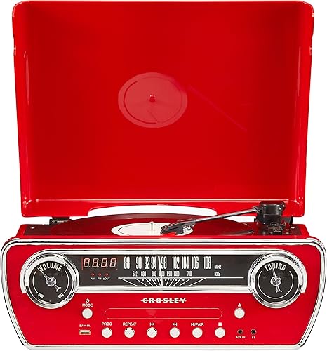 Crosley CR6047A-RE Powel - Reproductor de discos de vinilo Bluetooth 7 en 1 con radio AMFM, reproductor de CD y entrada auxiliar, rojo