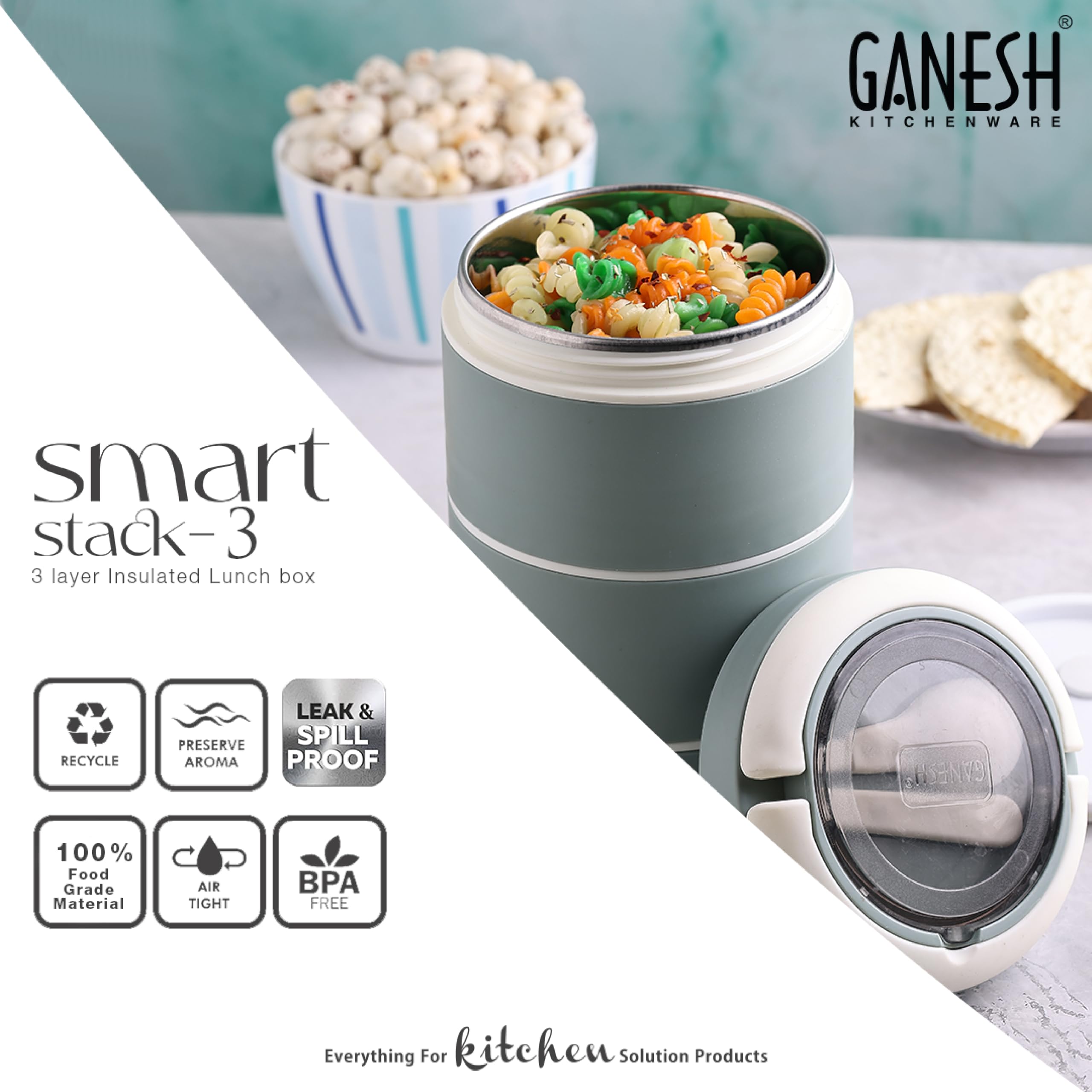 Ganesh Smart Stack 3 Layer Protable Lunch Box Stainless Steel Airtight Leak-Proof Lunch Box for Office, School, Picnic -Brown, 1200 Milliliters — Amazon image 4