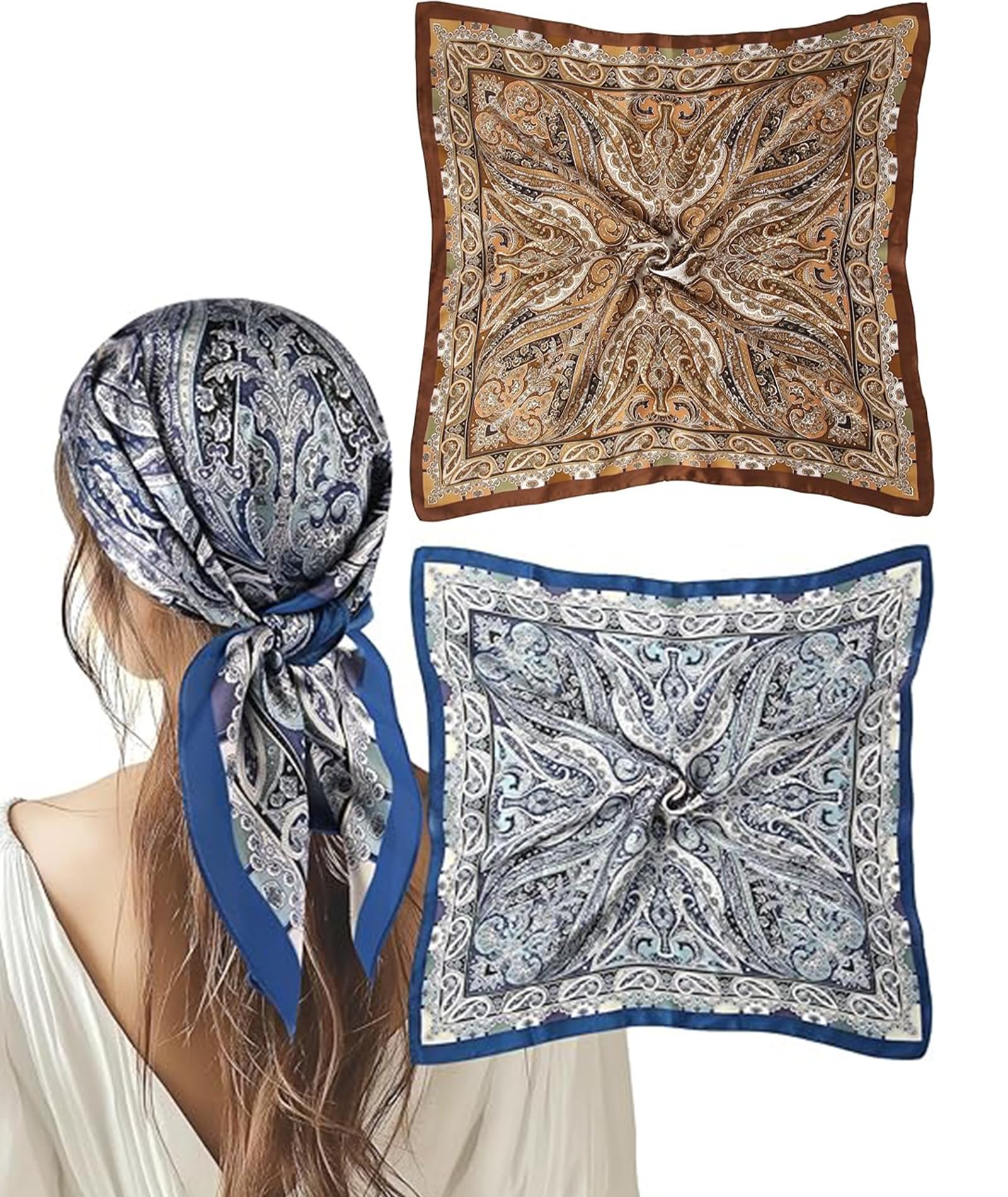 2PCS Bandanas for Women, Scarf for Women Stylish, Vintage Print Bandana Set, Brown and Blue Two Pack, Multipurpose Accessory for Birthdays Holidays and Special Occasions-image-29