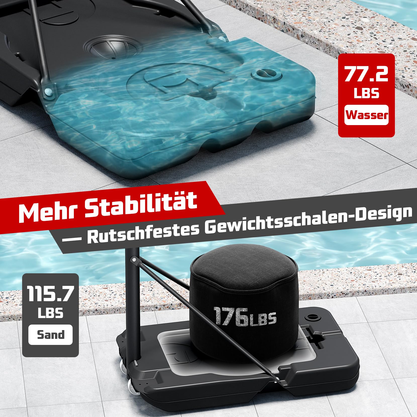 Basketballkorb Outdoor Höhenverstellbar 100-305cm mit Ständer Bruchsichere Rückband Wetterfest Netz