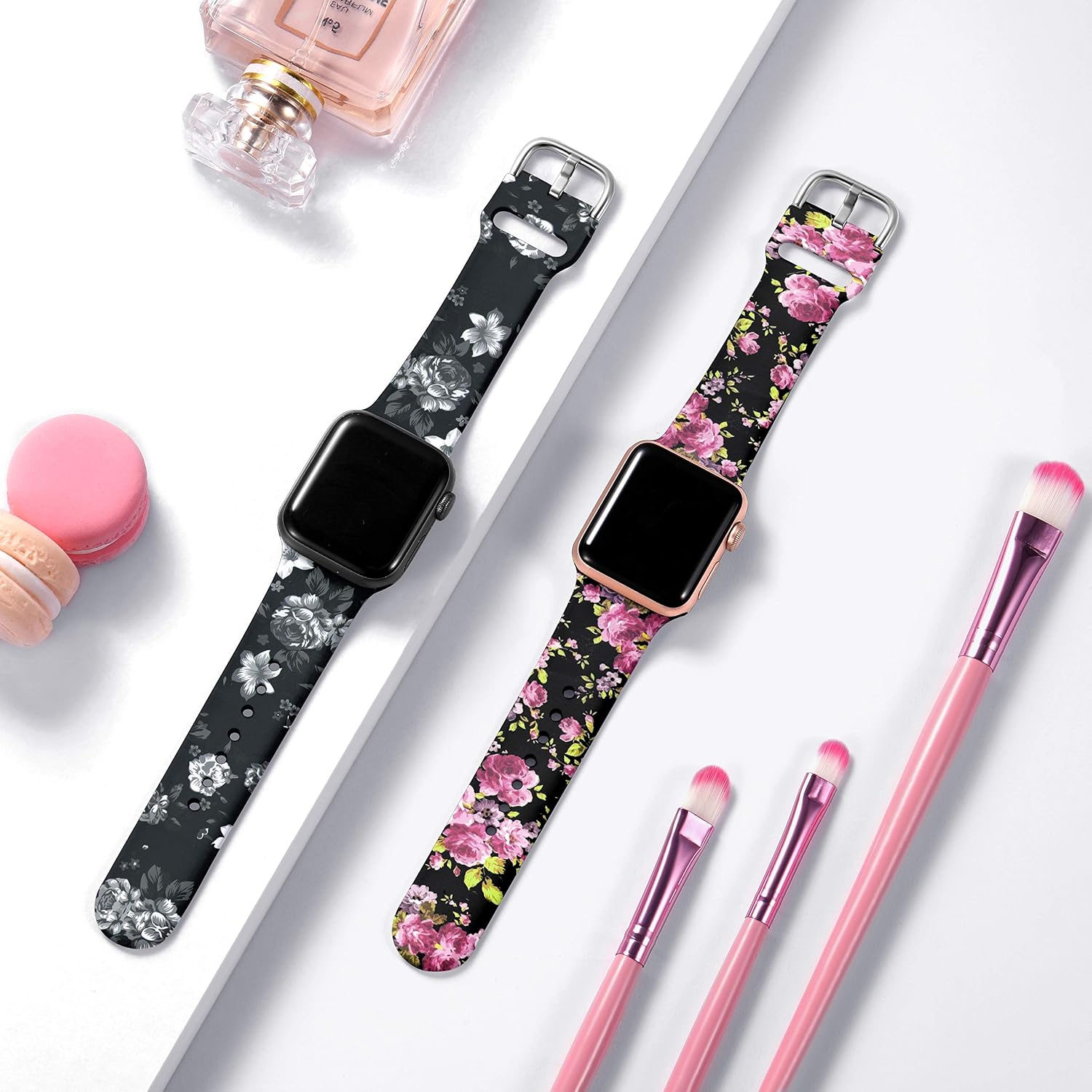 Dirrelo Compatible for Apple Watch Bands 40mm 38mm Soft Silicone Pattern Printed Band Strap for iWatch SE & Series 6 & Series 5 4 3 2 1 Women Men Wristband, M/L 2-Pack Grey Floral & Pink Floral