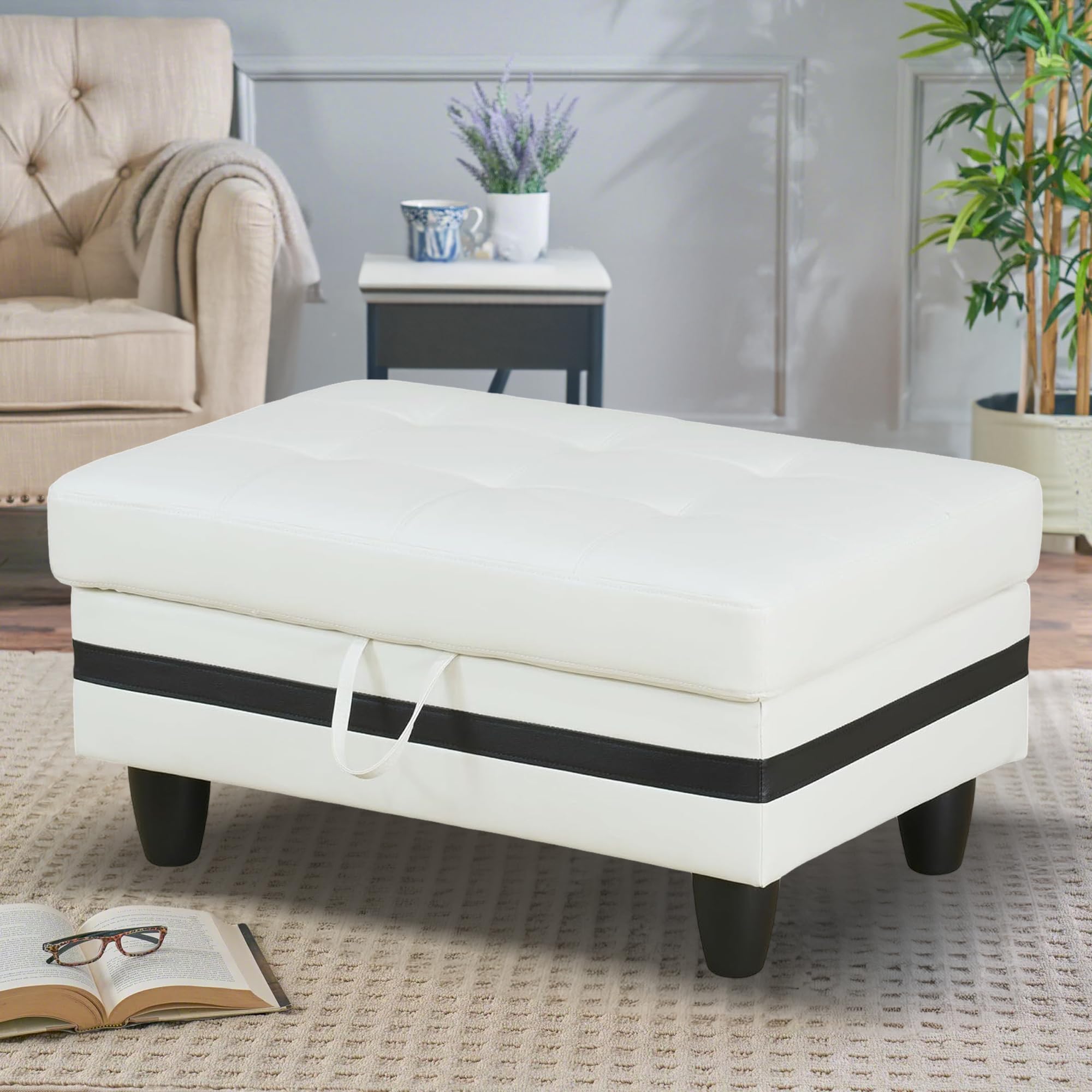 SumKea Large Rectangular Storage Ottoman Bench, Leather Ottoman Foot Rest Coffee Table with Storage, Oversized Storage Ottomans Toy Box Footrest for Living Room or Bedroom, White&Black