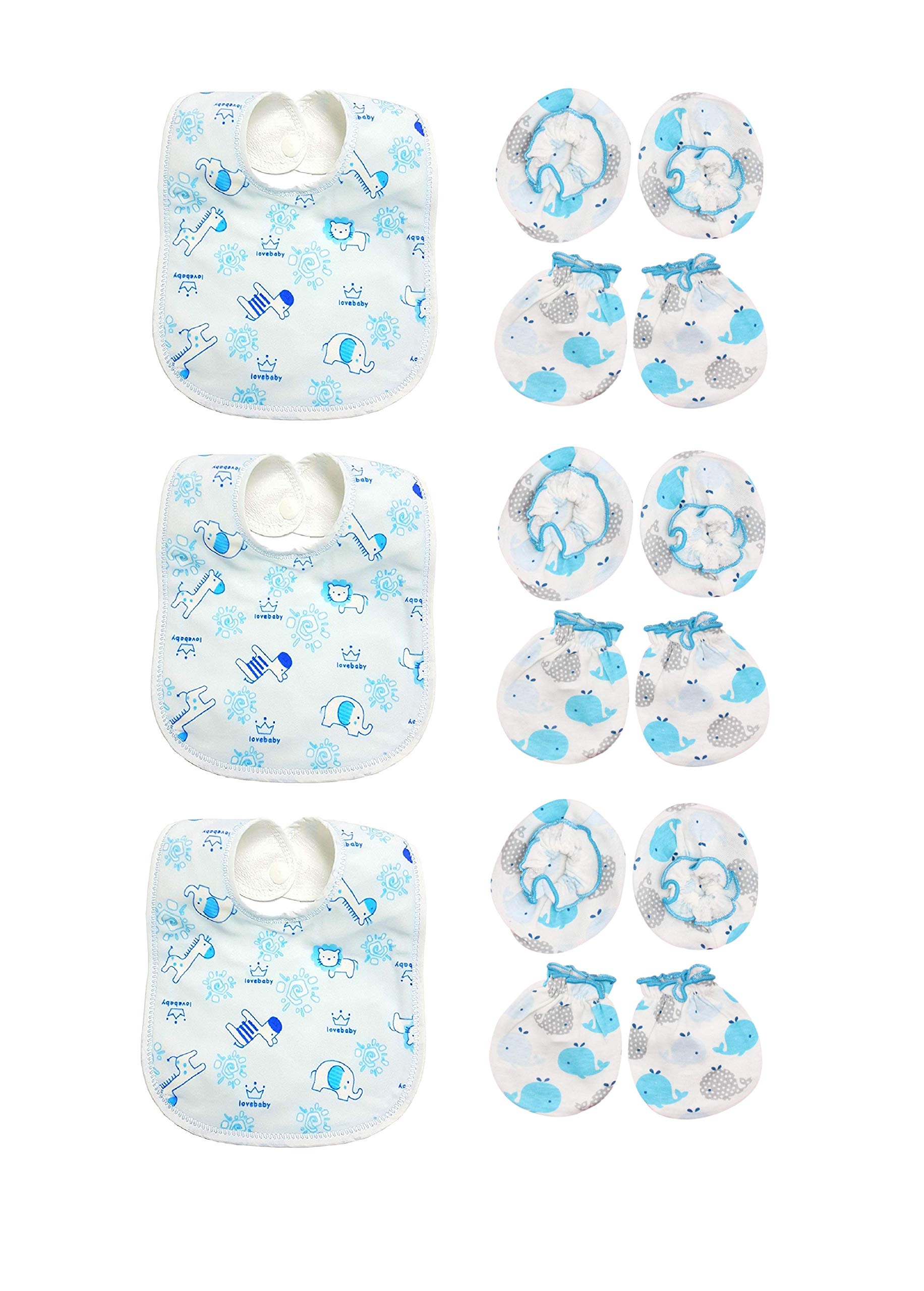 Manan Shopee Multicolored Cotton Baby Bibs with Titch Closure Button for Newborn Infant And Baby Cotton Housiry Mittens Booties Set/Hand Gloves for 0 to 6 Months (Prints May Vary) (Pack Of 3)-image-7