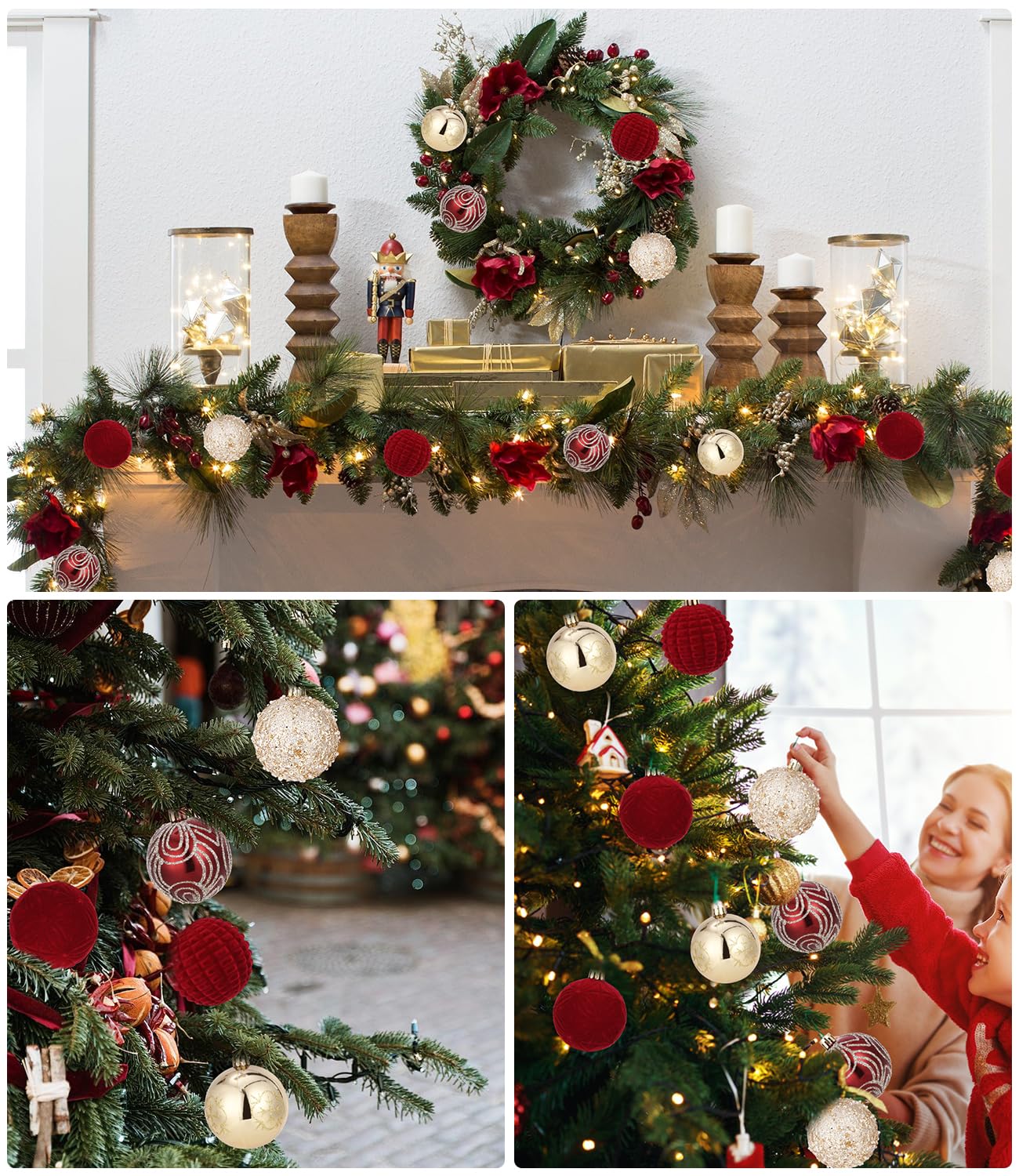 Palline di Natale in velluto – 12 palline infrangibili per albero di Natale | Ornamenti a in velluto rosso e verde, decorazioni festive per feste di Natale, decorazioni festive e decorazioni per