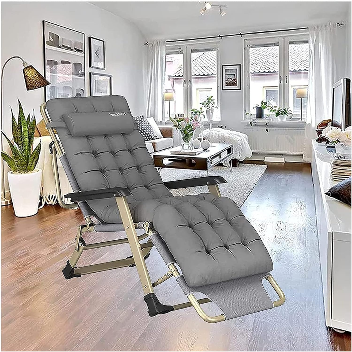 JATIBOSH Reclining Chair Folding Zero Gravity Lounge Chair Oversize XL, Deck Chairs Cotton Cushion for Garden Outdoor Patio Sun Loungers Bed Recliner Loading Up to 300Kg with Head Pillow