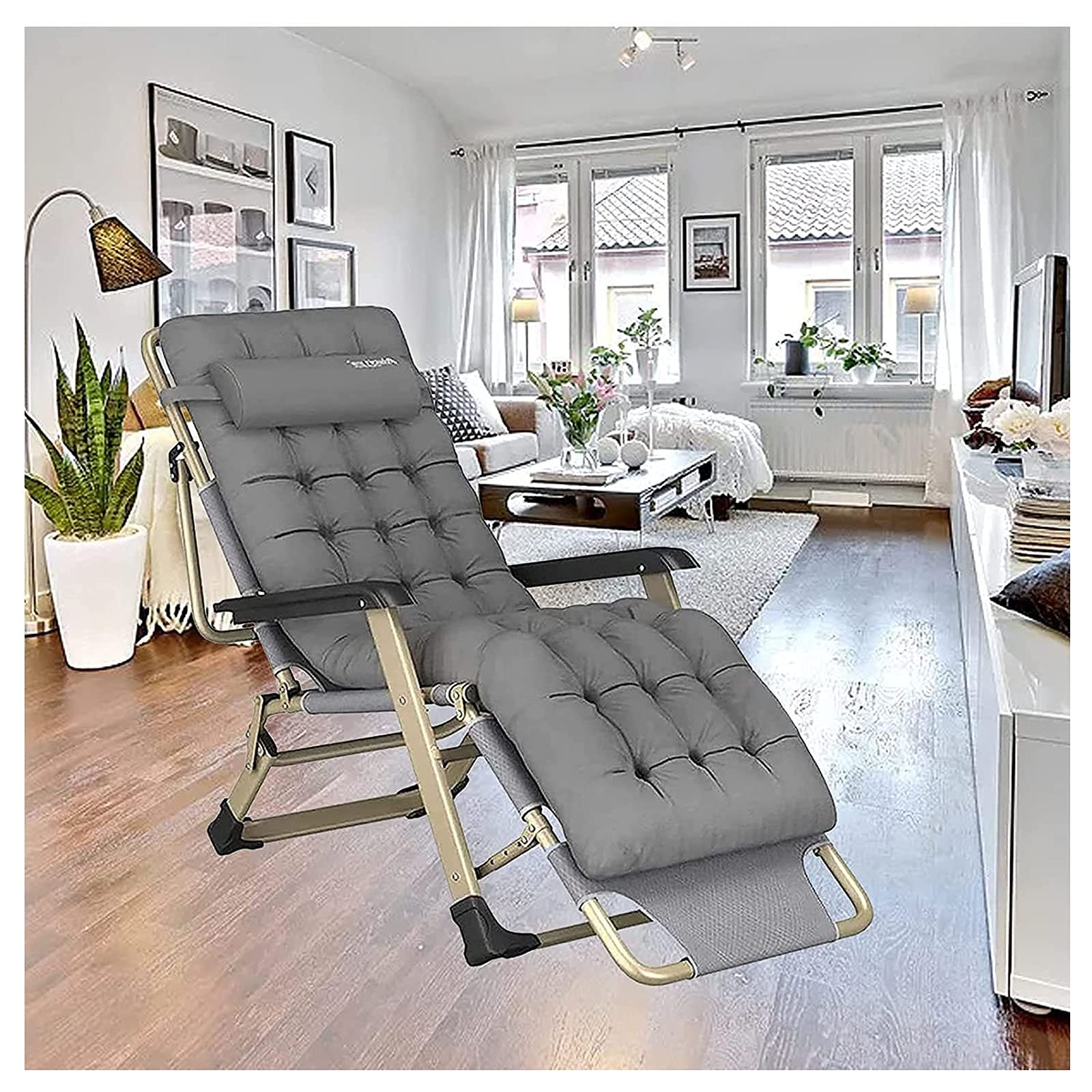 Chaise inclinable pliante XL avec coussin en coton et oreiller pour extérieur jardin patio 300kg