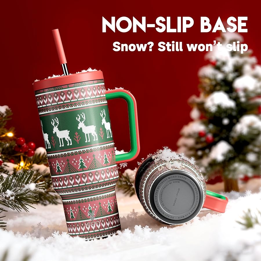 Meoky 40 oz Christmas Tumbler with Handle and Straw, Xmas Tumbler with Lid and Straw, Insulated Stainless Steel Travel Mug, Christmas Gifts for Women Men Adults (Jolly Reindeer) - image 4
