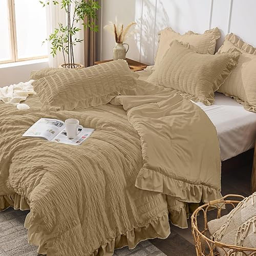 Miniatura 178 de JOLLYVOGUE - Juego de edredón tamaño queen, de 3 piezas, estilo seersucker, ligero y esponjoso para todas las estaciones, con 1 edredón con volantes