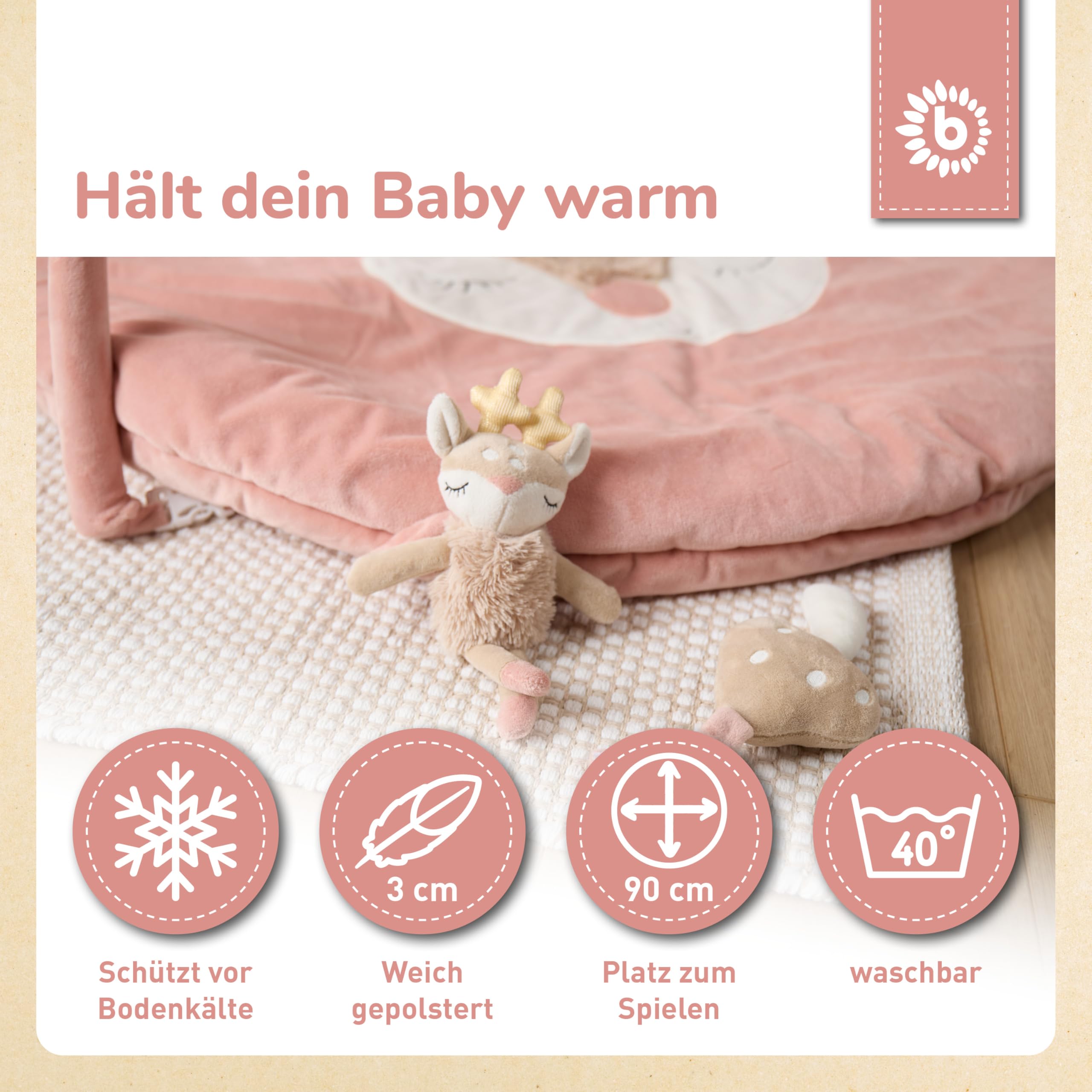 Bieco Spieldecke mit Activitybogen Reh Ella | Babydecke Reh Ella | Baby Krabbeldecke mit Spielebogen | Babies Activity Decke Boden Baby Gym Spielmatte
