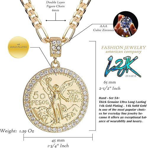 Miniatura 3 de Hip Hop - Colgante de centenario helado chapado en oro de 14 quilates, 24 pulgadas, cadena Figaro con eslabones brillantes para niños, hombres y