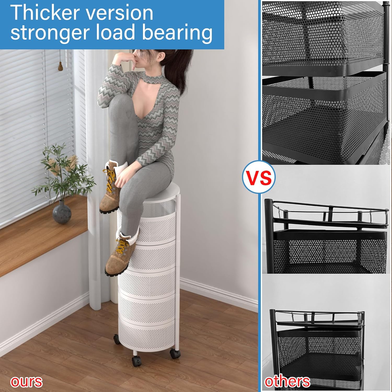 Rotating Storage Shelf with Wheels - Organizer for Fruits and Vegetables, Bathroom Shelf, Kitchen Organization and Storage, Mobile Utility Cart for Living Room - Ideal for Home (5 Tier, White)