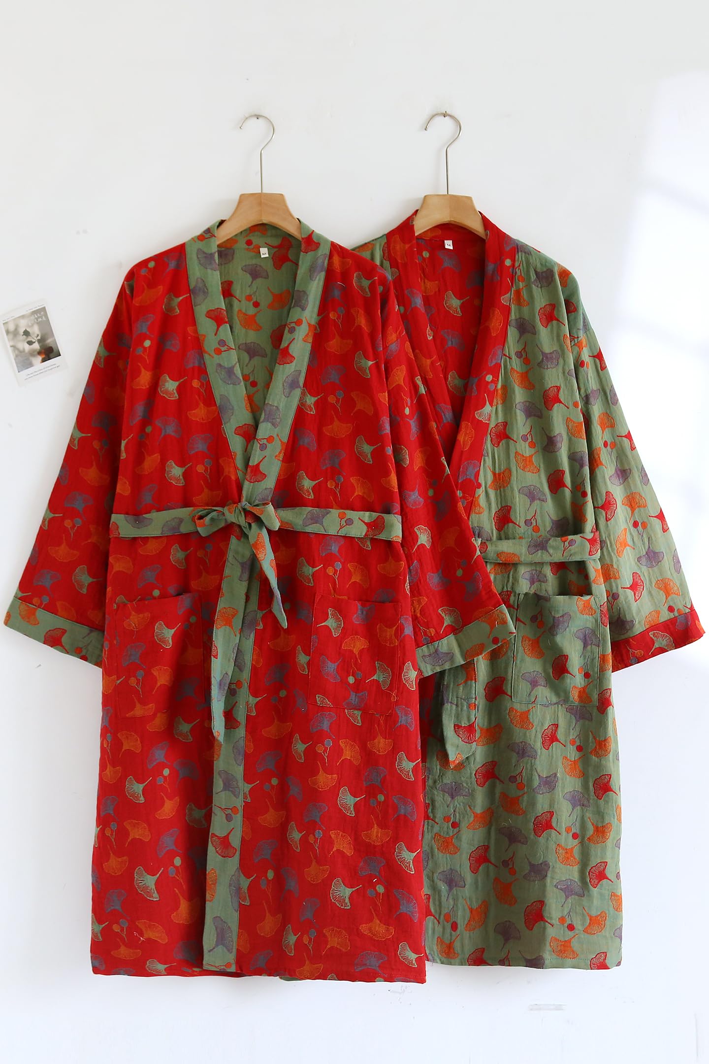 PRINCESS BRIDE Bata tipo kimono de algodón teñido de hilo jacquard elegante bata de baño tradicional suelta Yukata de longitud media para mujer 165/88A/L (verde-rojo)