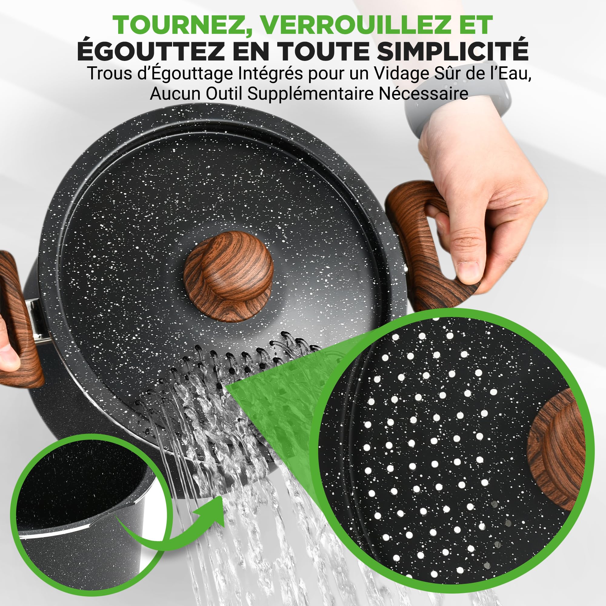 NutriChef Cuiseur à Pâtes 4,7L – Casserole à Pâtes Faitout Antiadhésive avec Égouttoir Intégré et Couvercle Passoire, Poignées Froides, Ustensiles de Cuisine Tous Feux Induction, Noir Marbré