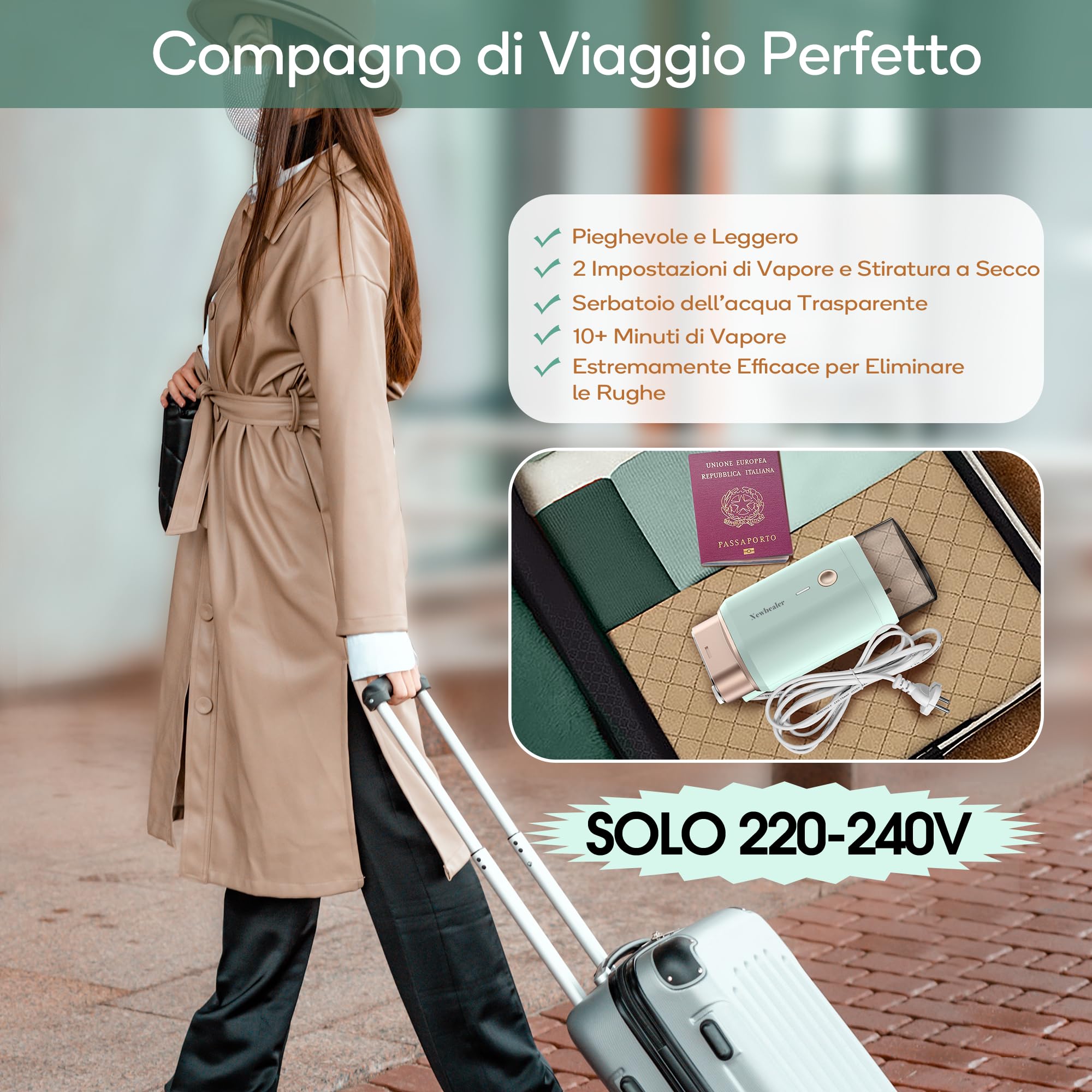 Newbealer Ferro da Stiro Verticale, Stiratrice Verticale Portatile Pieghevole, 1200W 2 Livelli di Vapore, Riscaldamento Rapido 20s e Serbatoio dell'acqua Estraibile da 180ml per Viaggio Casa, verde