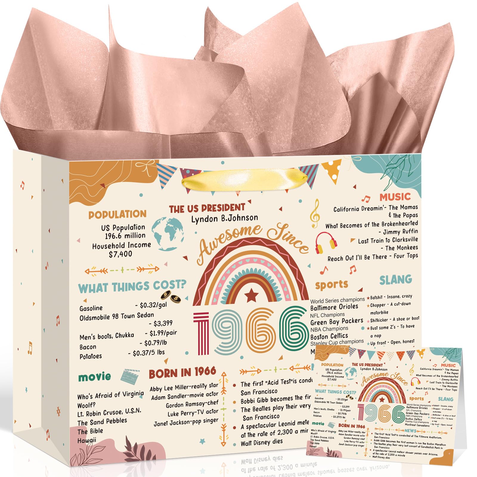 Peconal 60th Birthday Gift Bag Boho Rainbow Back in 1966 Gifts Bag with Greeting Card 60th Birthday Wrapping Paper Bags for Women Man Forty 60 Year Old Bday Party Favors Supplies