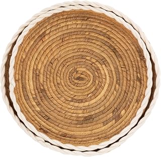 Boston International Water Hyacinth Rope Edge Serving Trays Set of 2 - 14" & 11.5" Round Decorative Trays for Entertaining