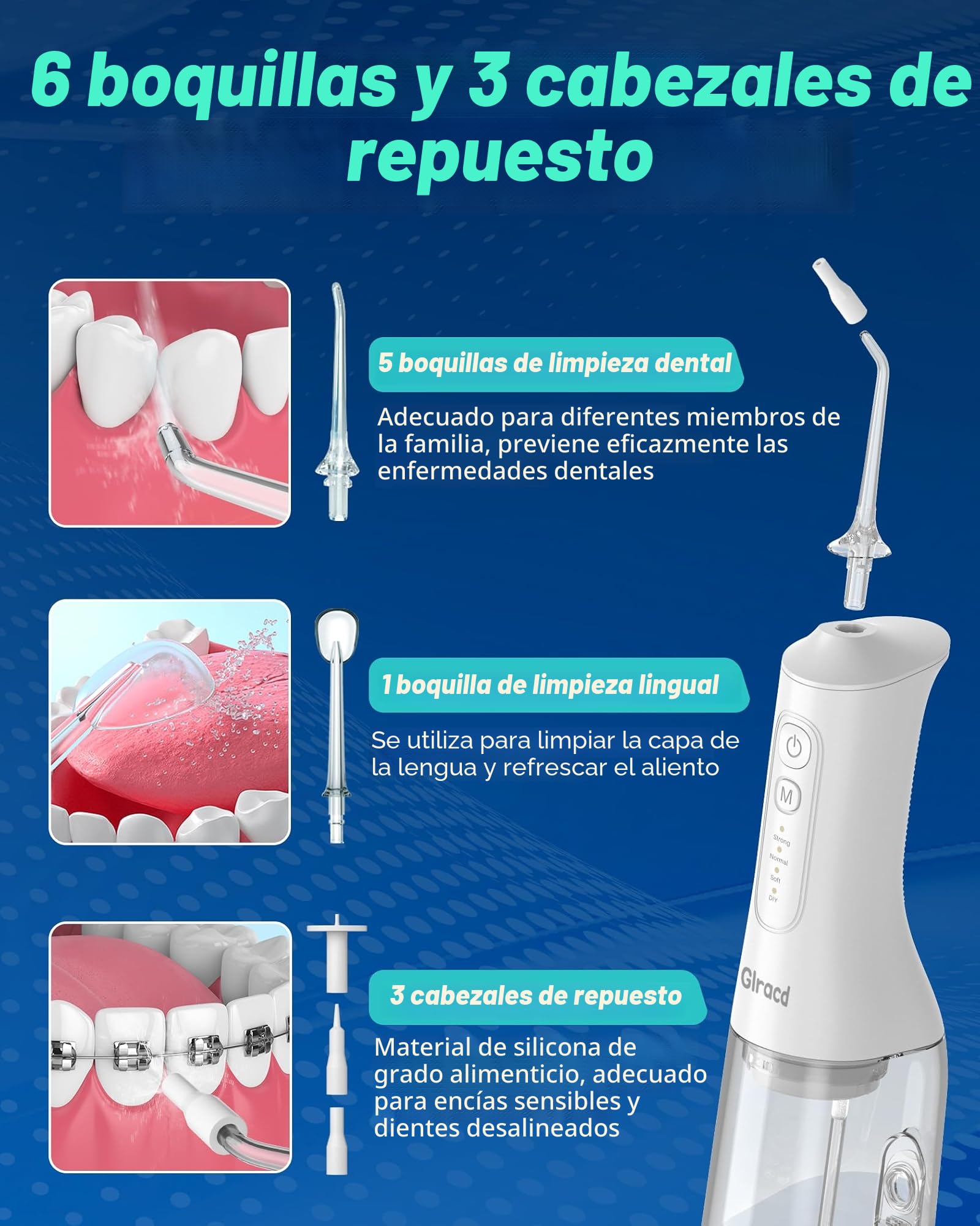 Irrigador Bucal Portatil, Glracd Irrigador Dental Inalámbrico Profesional 6 Boquillas 3 Modos, IPX7 Impermeable 300ML Water Flosser, USB-C Recargable Para Limpieza Dientes, Para el Hogar y los Viajes