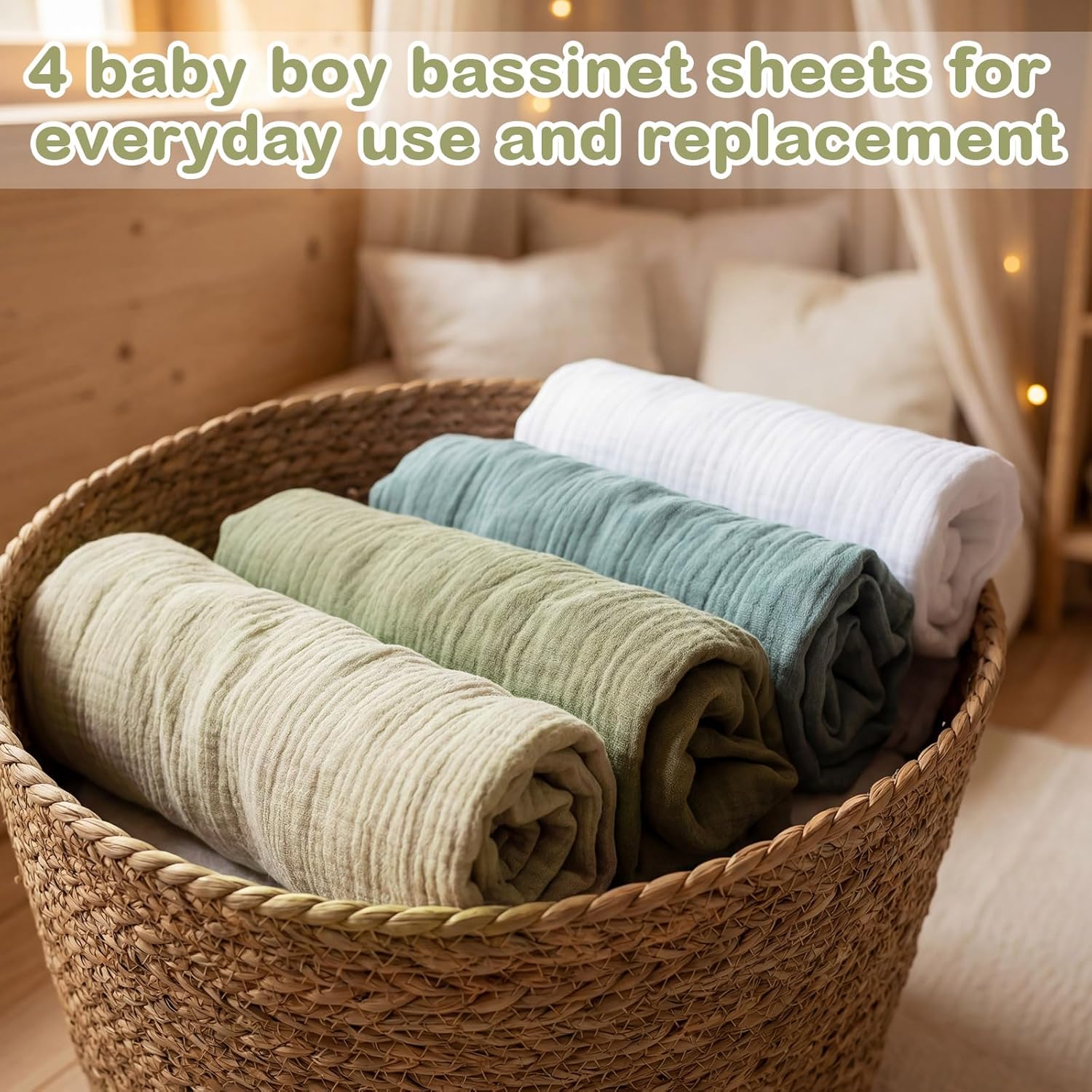 Tegeme 4 Pack Muslin Bassinet Sheets Soft Cotton Bassinet Fitted Sheets for Baby Boys Girls Neutral Solid Color Crib Mattress Cover Fit for Rectangle & Oval Bassinets Mattress(Bright Colors)