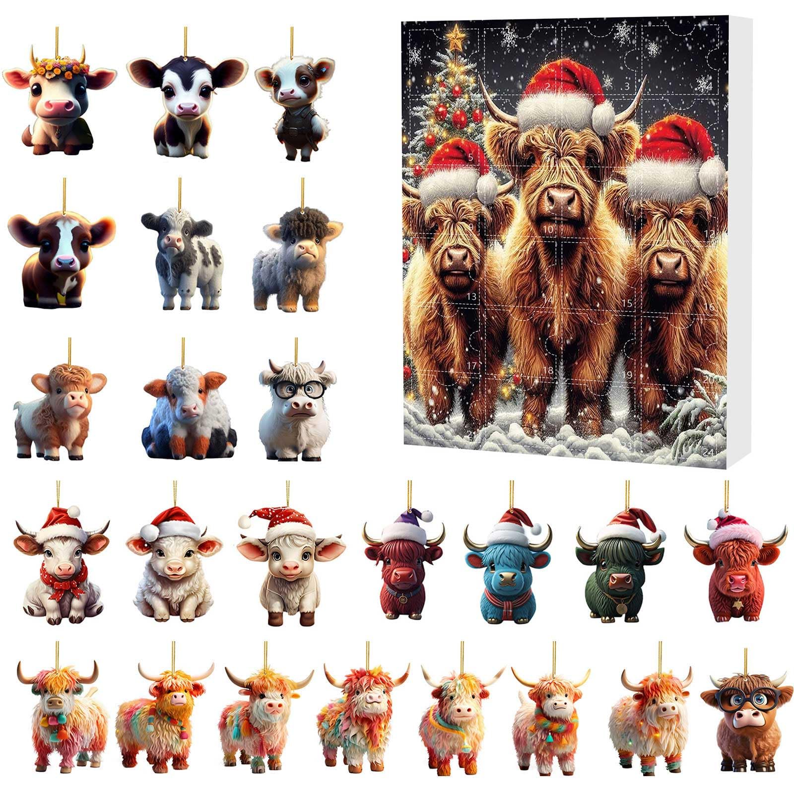 2024 New Advent Countdown Calendar 24 Day Christmas Advent Calendar Cute Highland Cow Christmas Ornaments Pendant Christmas Vacation Cow Figures and Accessories Christmas Collectible Set Gifts for Holiday Home Decoration (Cow 005)
