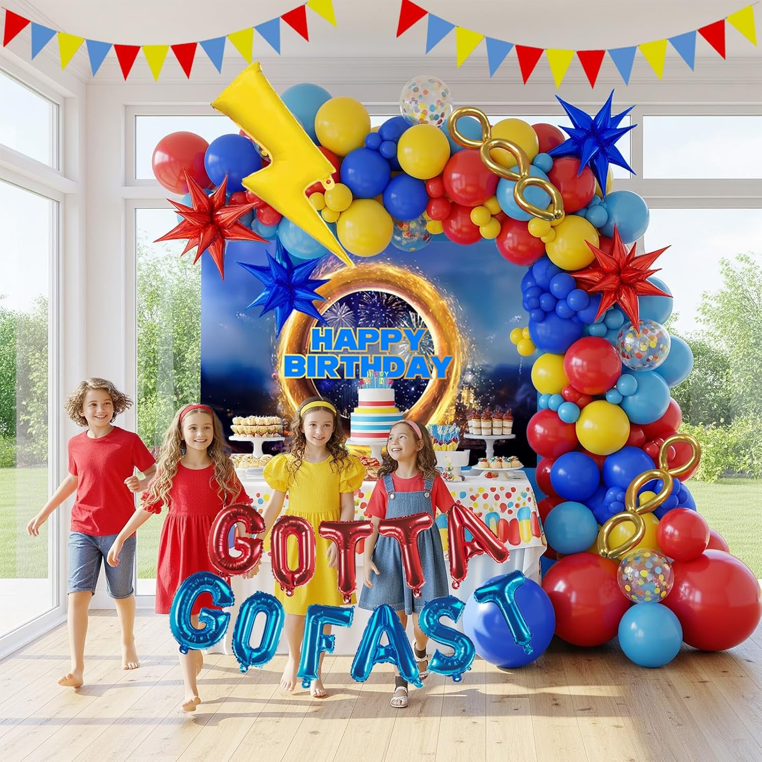 Red Blue Yellow Hedgehog Birthday Party Decorations with Letter Lightning foil balloons Banner backdrop for small balloon arches video game Cartoon Movies Super hero themed birthday party decor