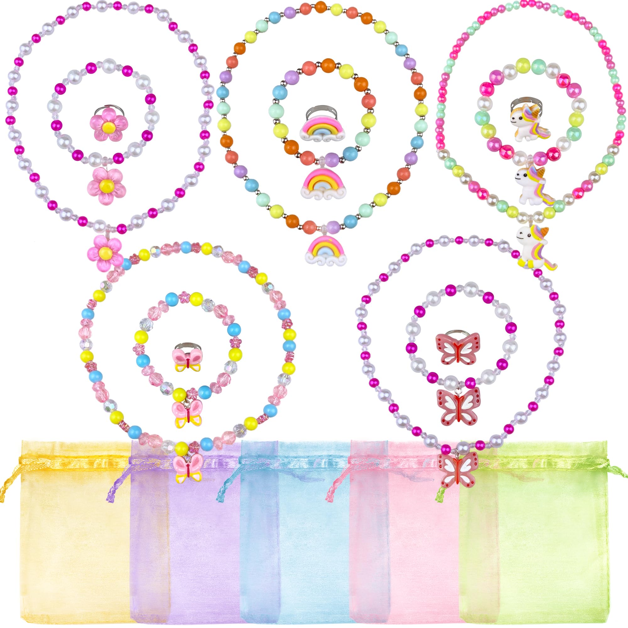 XIPEGPA 5 Sets Girl Princess Necklace Bracelet Ring Kids Stretchy Jewelry Gift Butterfly Rainbow Flower Favors Dress up Jewelry for Little Girl Toddler(with Gift bags)