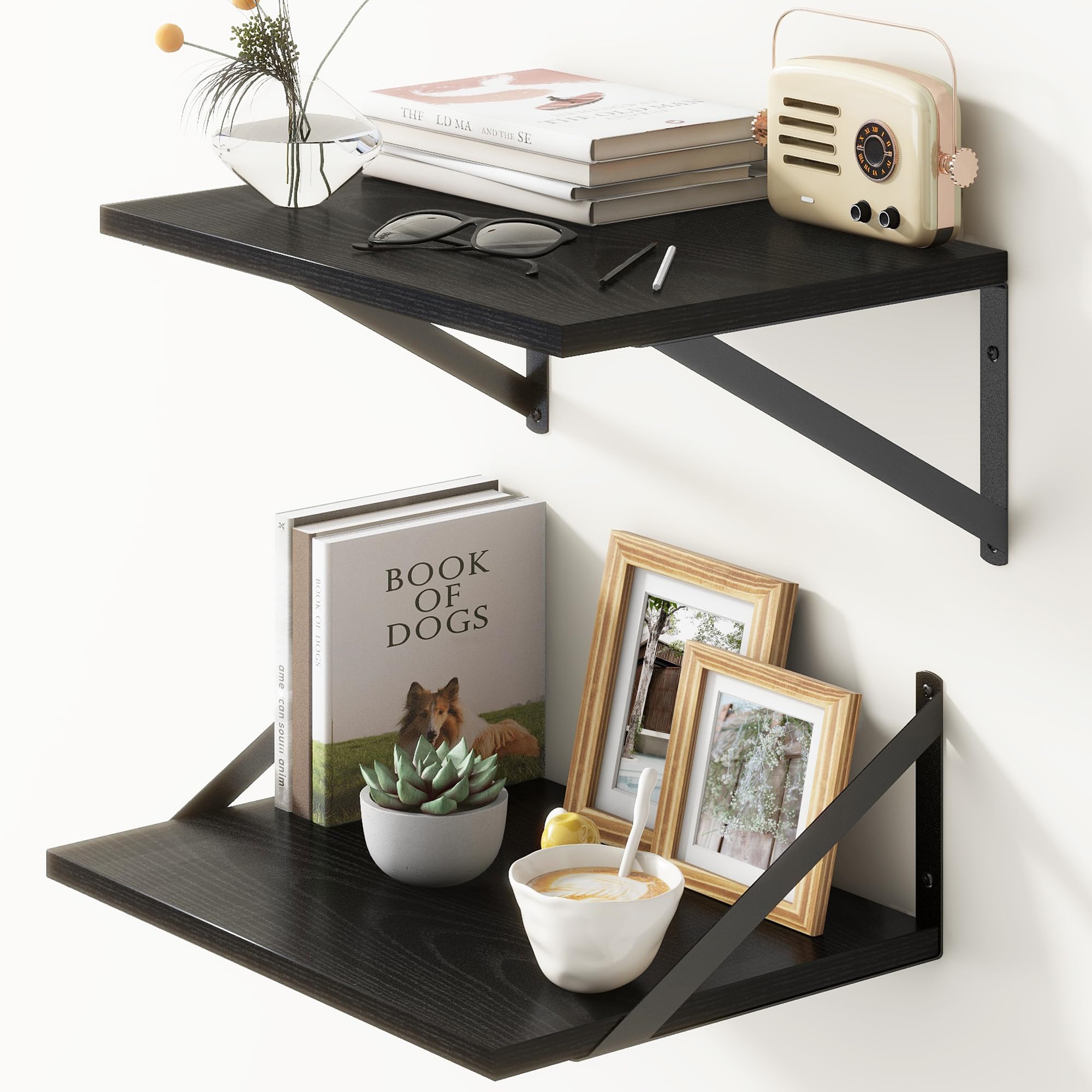Fun Memories Floating Shelves for Wall Mounted Shelf, 30cm Deep Wall Shelf 1.5cm Thick, Rustic Wooden Shelves for Bedroom Kitchen Bathroom Office, 40cm Black — image 1