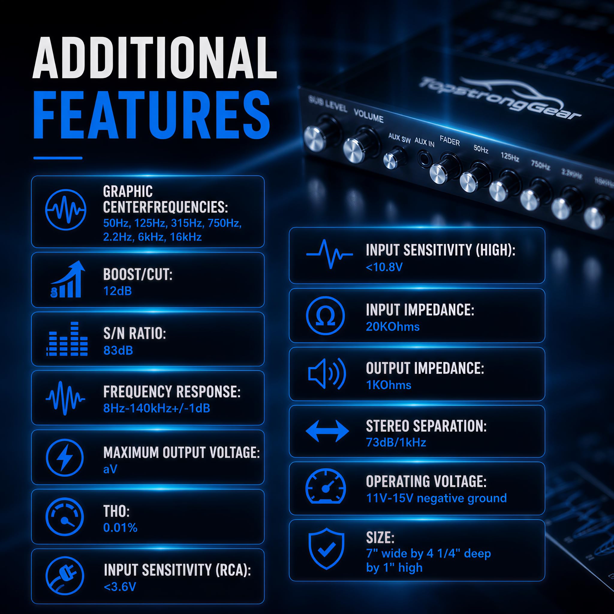 TOPSTRONGGEAR TSG7EQ - Ecualizador gráfico de audio para automóvil de 7 bandas con entrada auxiliar frontal de 3.5 mm, salidas RCA de alto voltaje y entradas de altavoz de alto nivel