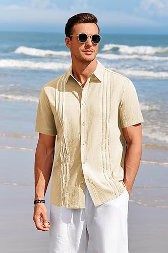 Miniatura 3 de Runcati Camisas guayabera de manga corta para hombre, de lino y algodón, con botones, bordadas mexicanas, camisa de boda cubana para verano y playa