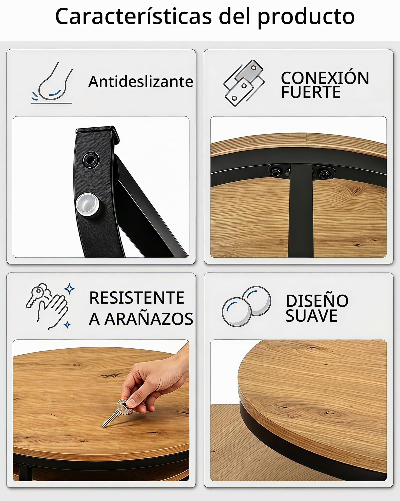 Mesa de Centro Redonda Juego de 2 Mesa Salon Madera y Metal Negro | Juego de 2 Mesa Centro Salon Efecto Madera con Estructura Metálica Negra, Muebles de Salon Coffee Table 70+50cm