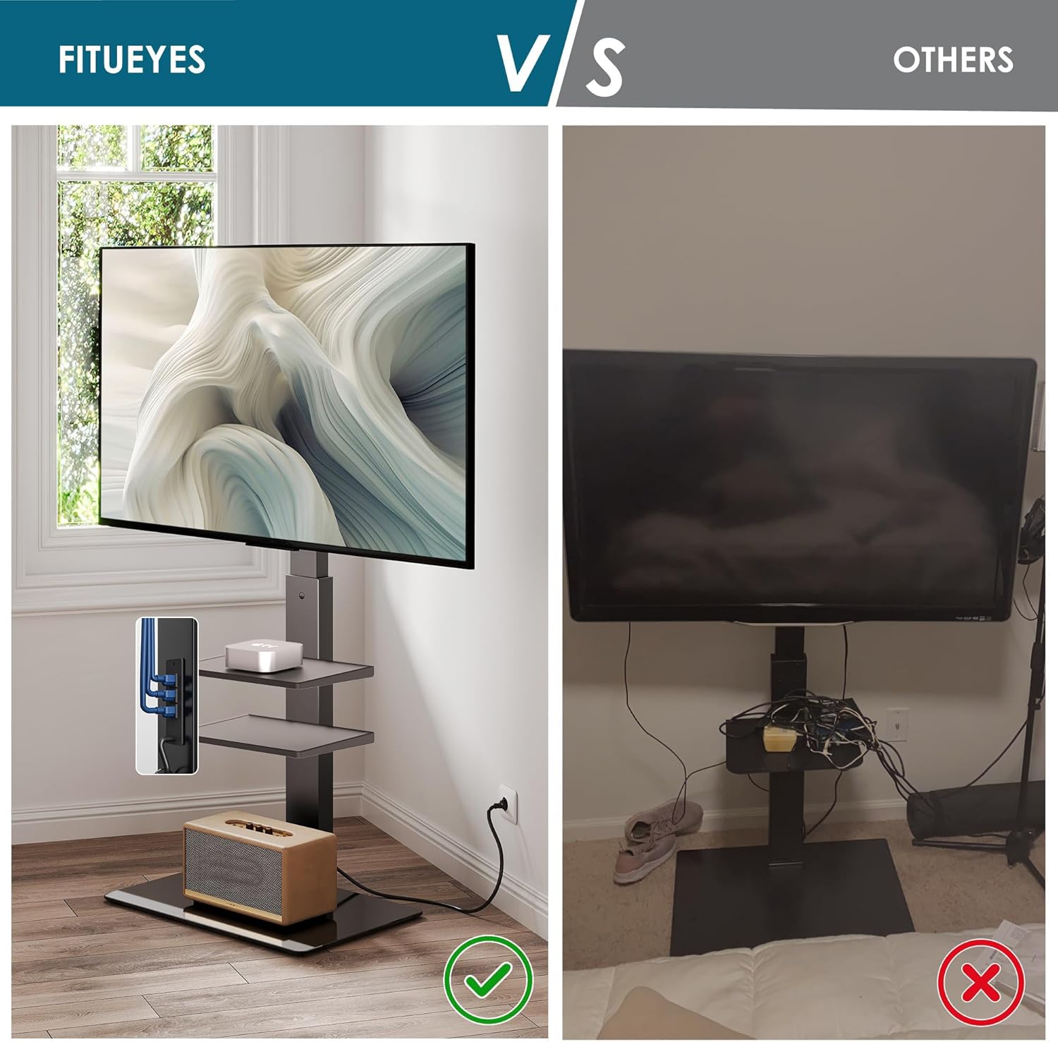 Image showing the FITUEYES TV stand with organized cables and devices on its shelves, contrasting with a cluttered setup labeled 'OTHERS'.