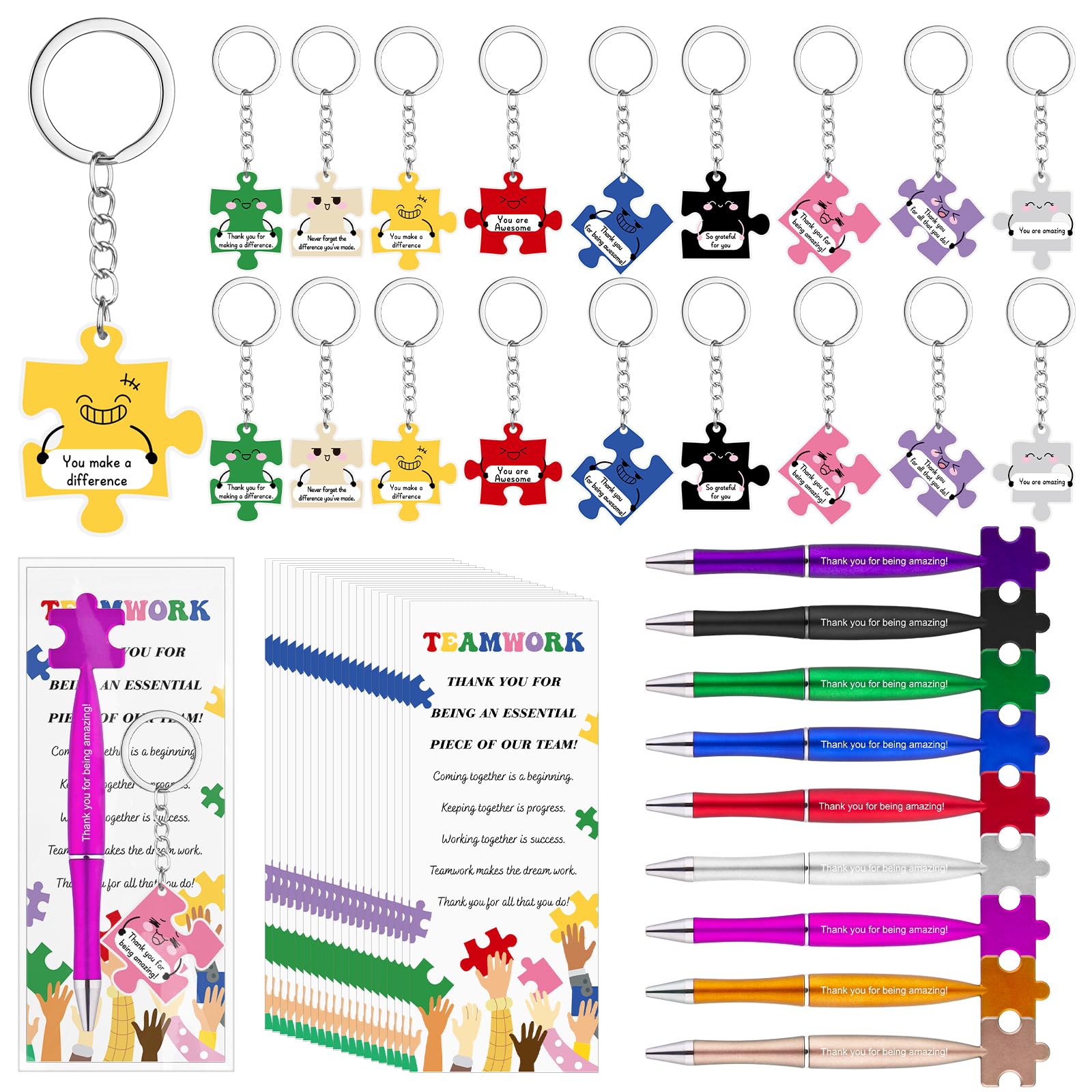 144Pcs/36 Sets Employee Appreciation Gifts Bulk Team Work Puzzle Piece Keychains Pens Thank You Cards Team Building Motivational Gifts for Staff Coworker Teacher Nurse