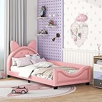 Vista 3 de Cama tamaño individual tapizada rosa con cabecero copetudo en forma de orejas, base de cama de plataforma baja con rieles para niños, niñas, niños