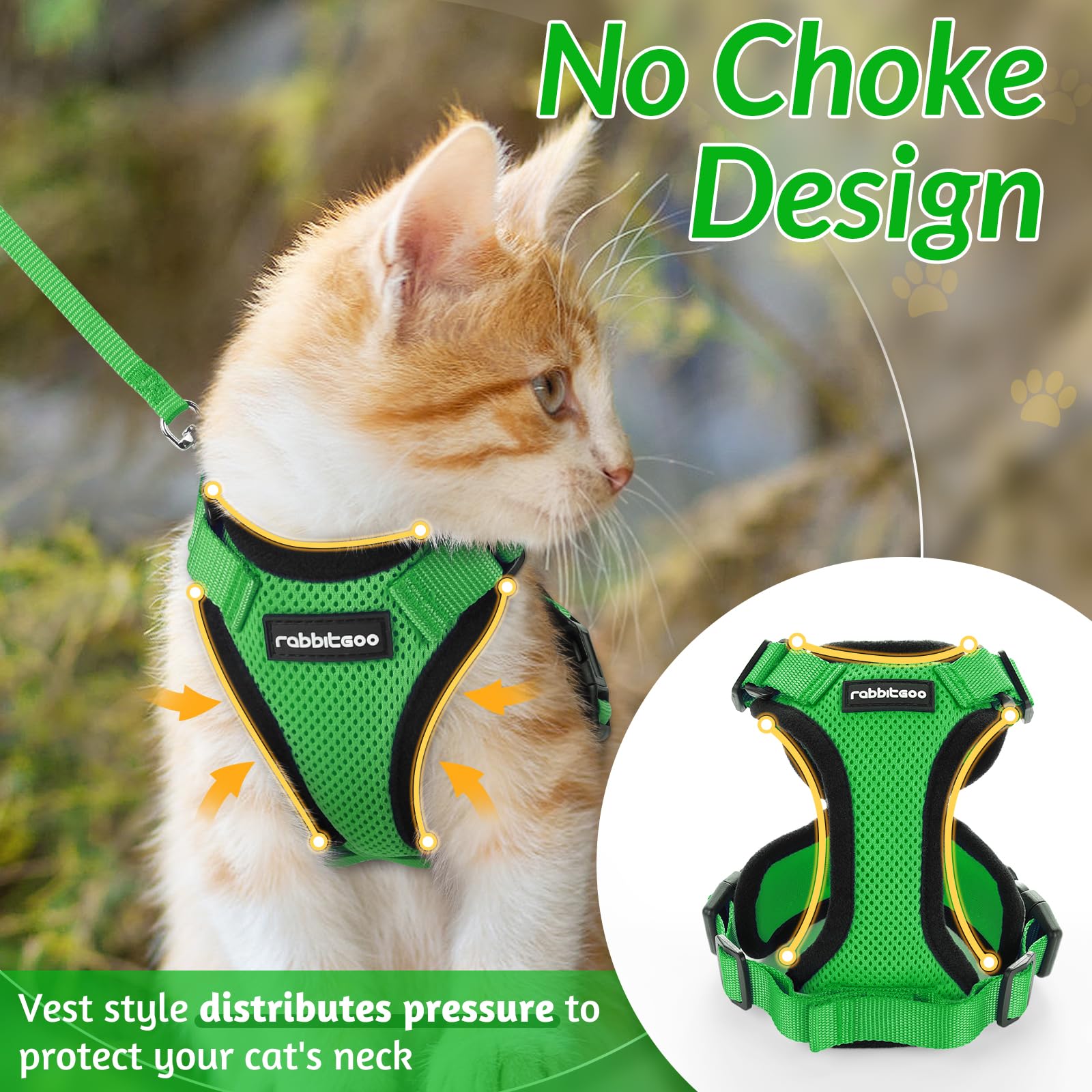 rabbitgoo Cat Harness and Lead Set, Adjustable Escape Proof Cat Lead for Walking Reflective Kitten Harness Set - Image 3