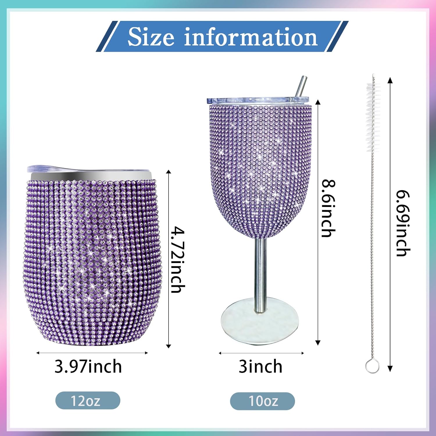 INSTOME 3Pcs Bling Water Bottle Set - Sparkling Diamond-Like Rhinestone Cups for Women, 12oz & 10oz Glitter Tumblers with Straws for Daily Use (Purple)