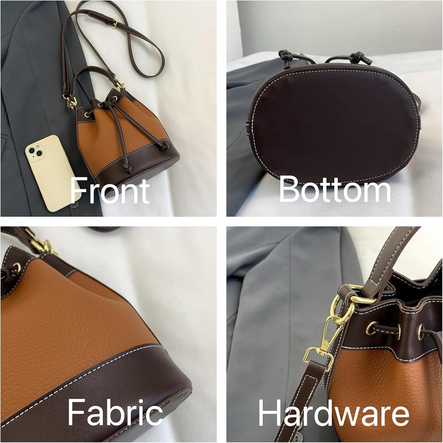 Women's Bucket Handbag, Drawstring Crossbody Purse, Stitching Color Litchi Grain Small Bag